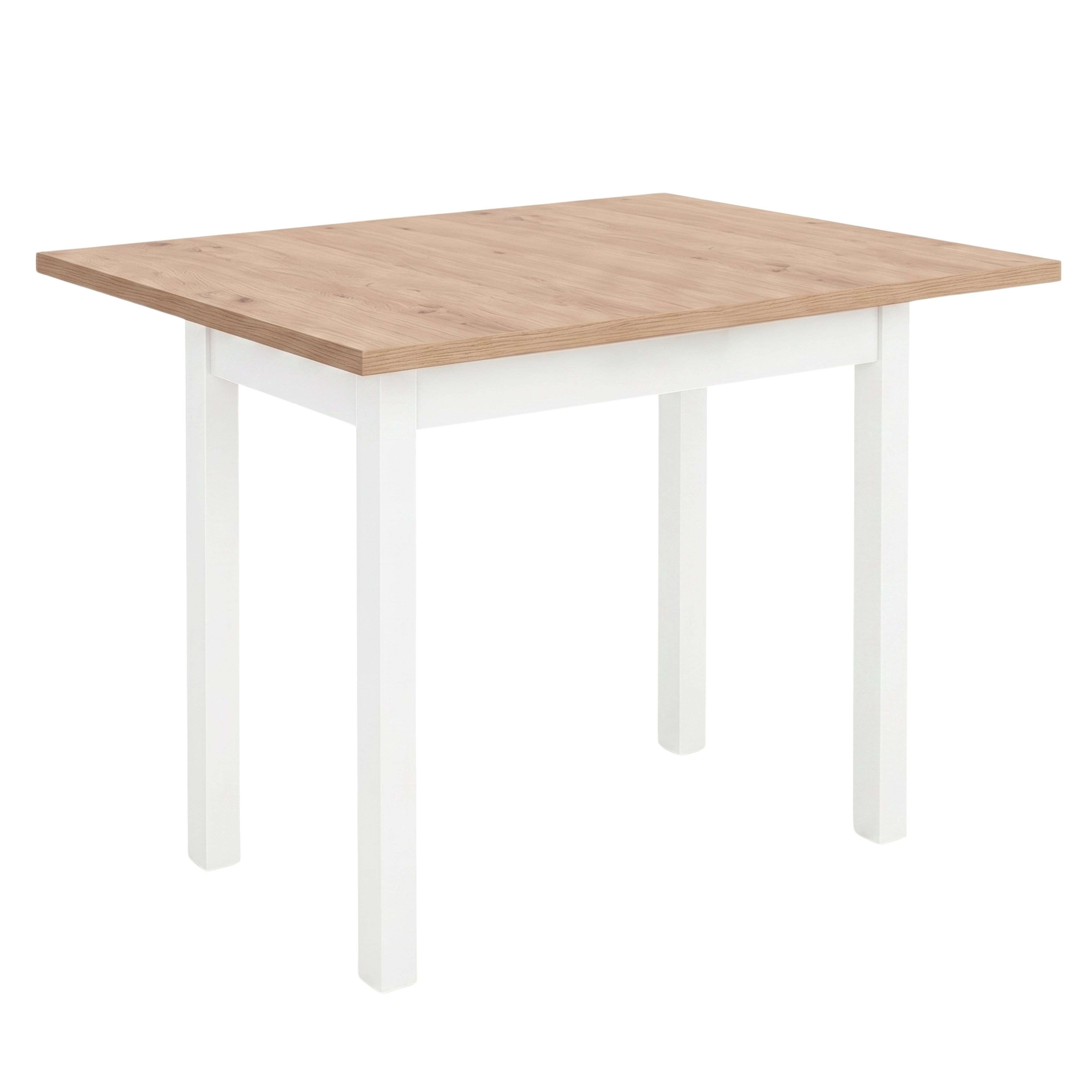Una mesa de madera con tapa de madera clara y cuatro patas blancas sobre fondo blanco.