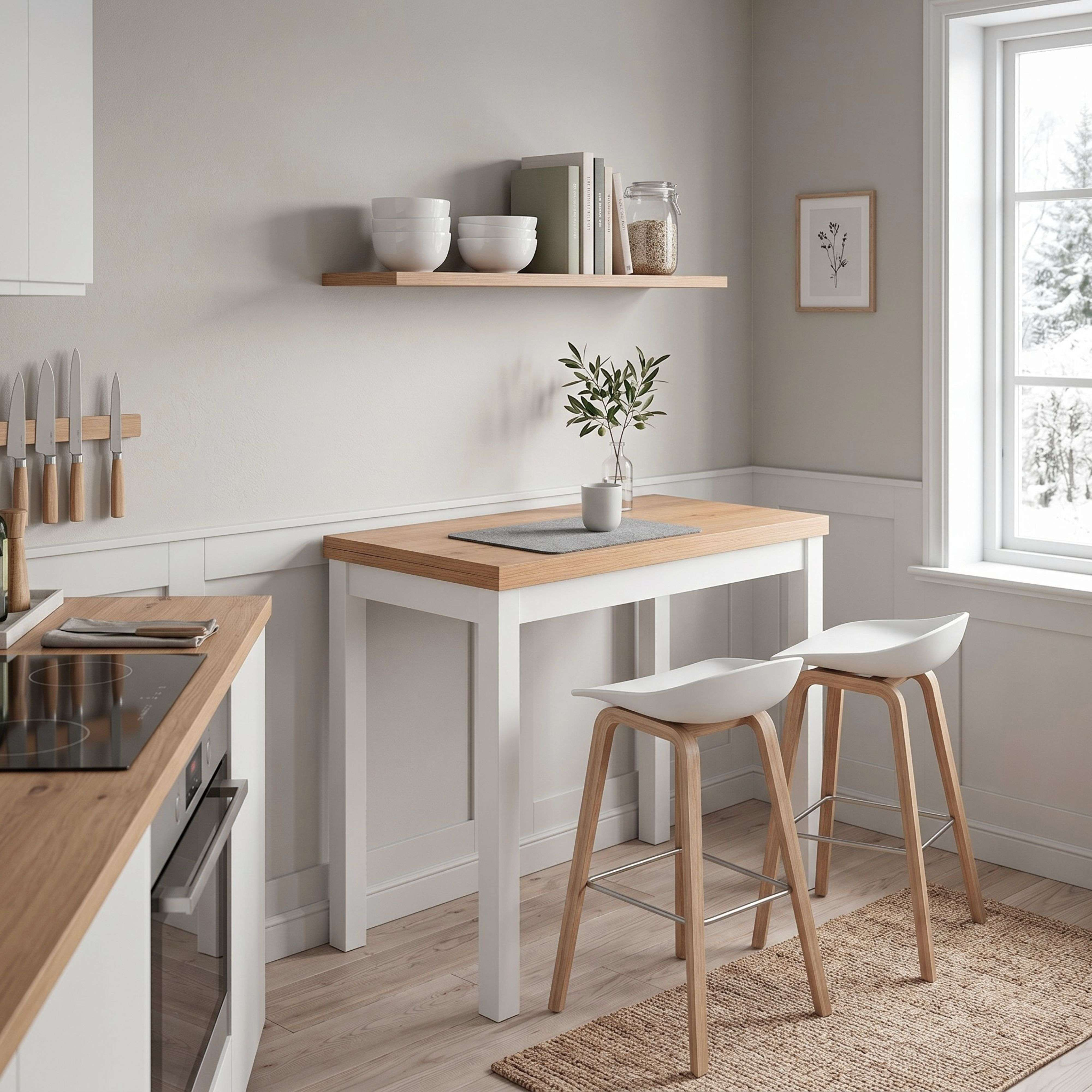 Moderna cocina luminosa con mesa de madera, taburetes blancos, balda con cuencos, libros y vista nevada.