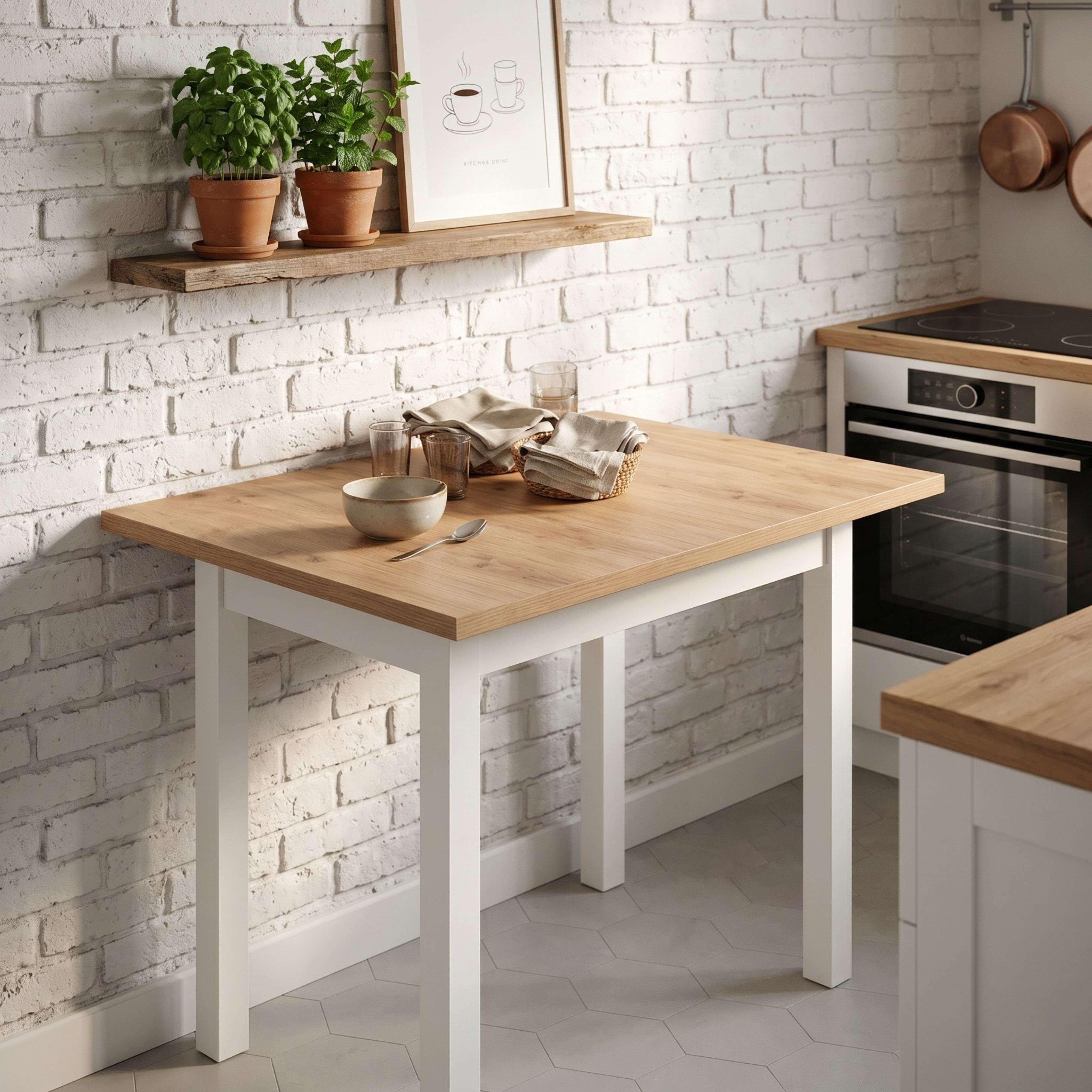 Una mesa de cocina de madera con patas blancas frente a una pared de ladrillo blanco con plantas y un cuadro.