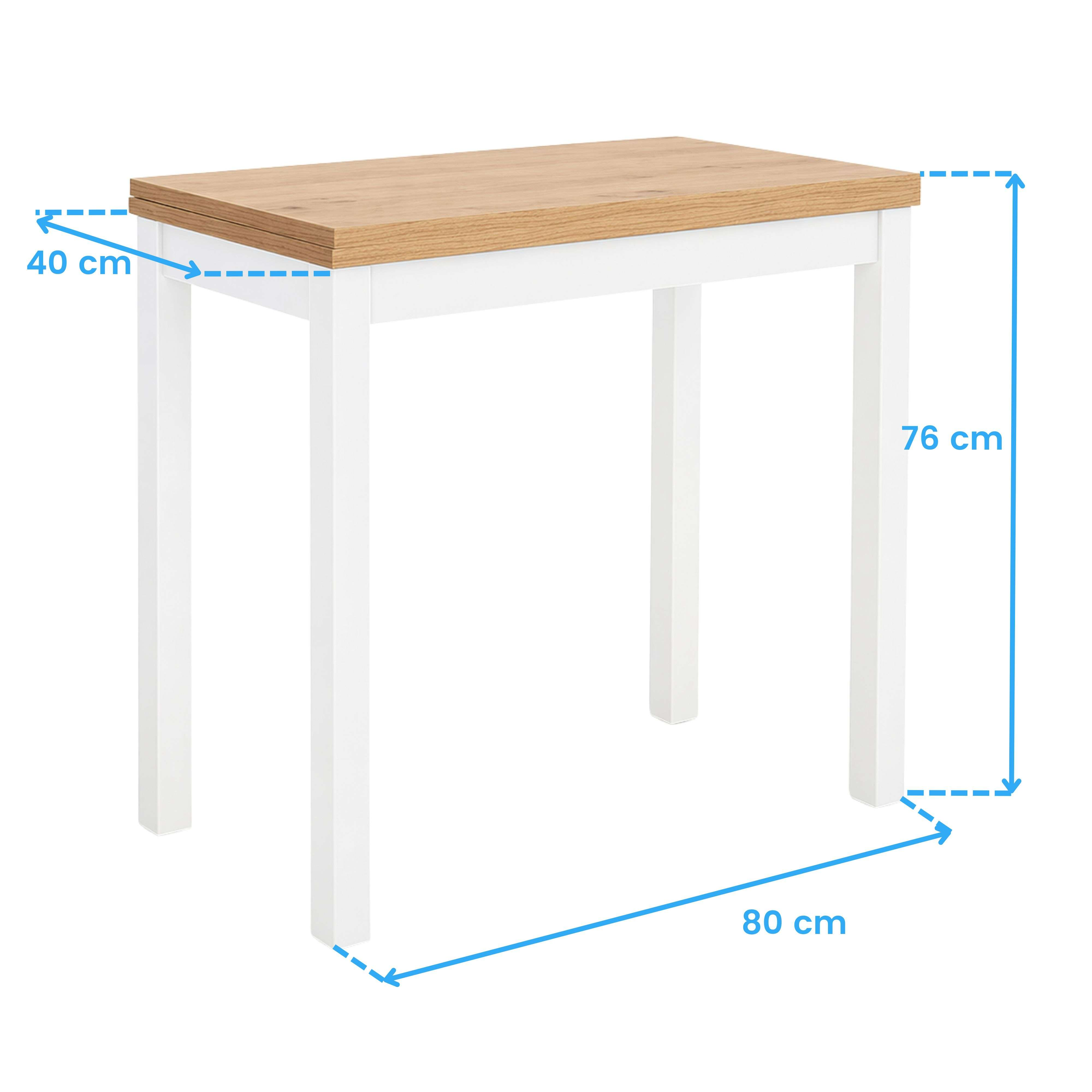 Mesa de comedor blanca con tapa de madera, de 80 cm de largo, 40 cm de ancho y 76 cm de alto, sobre fondo blanco.