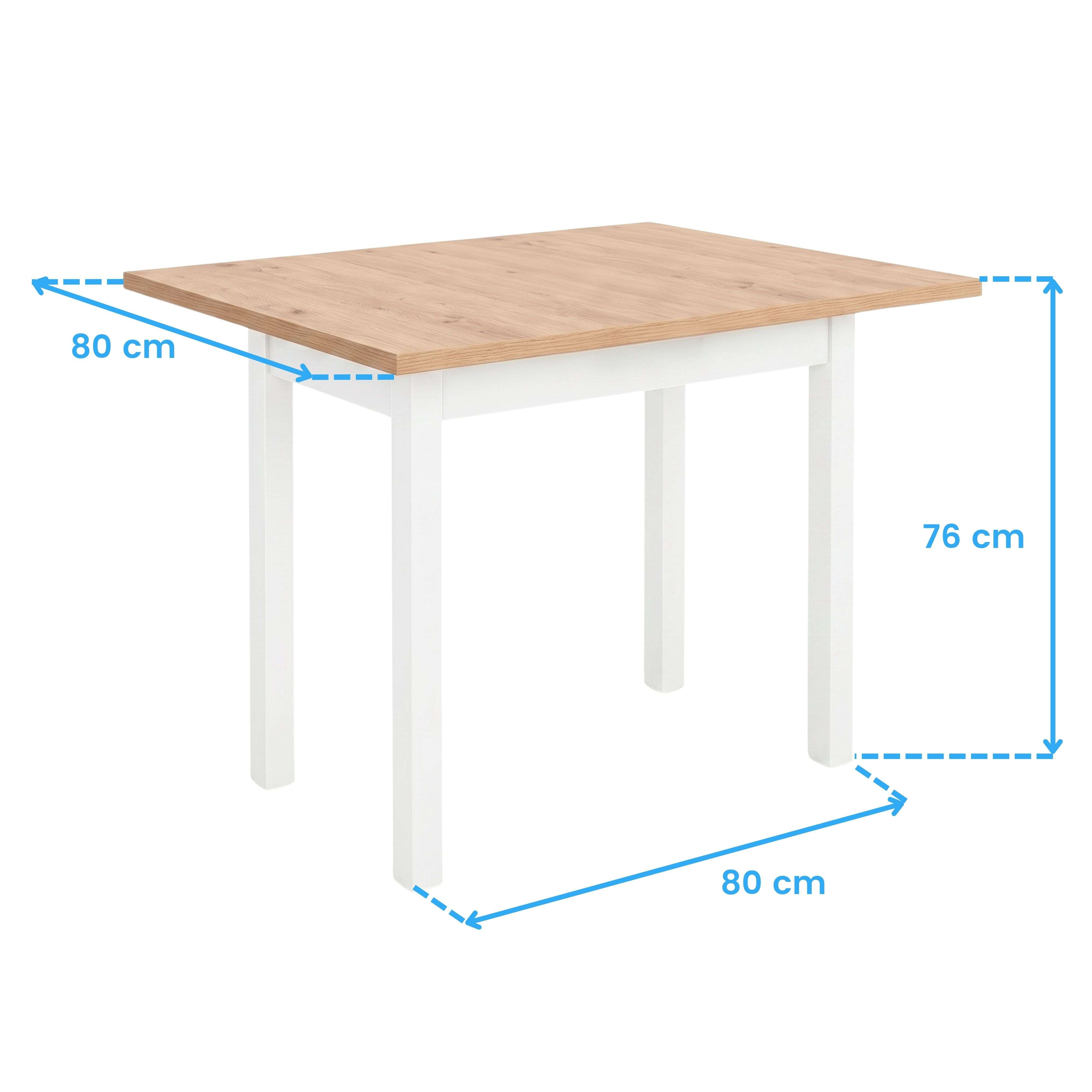 Mesa de madera con patas blancas, dimensiones 80x80x76 cm, fondo blanco.