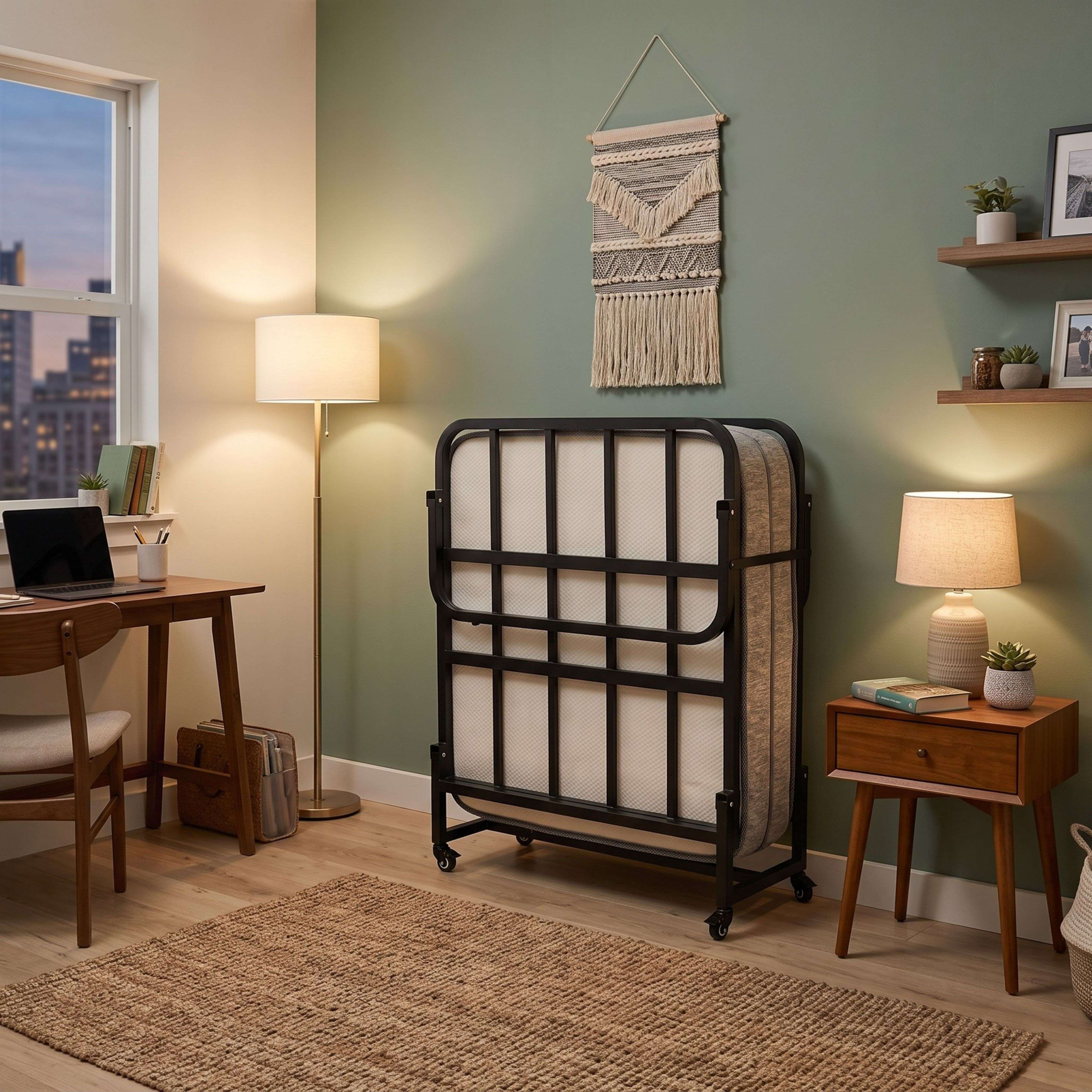 Una cama plegable de metal está de pie en una habitación acogedora con pared verde, escritorio y mesita de noche.