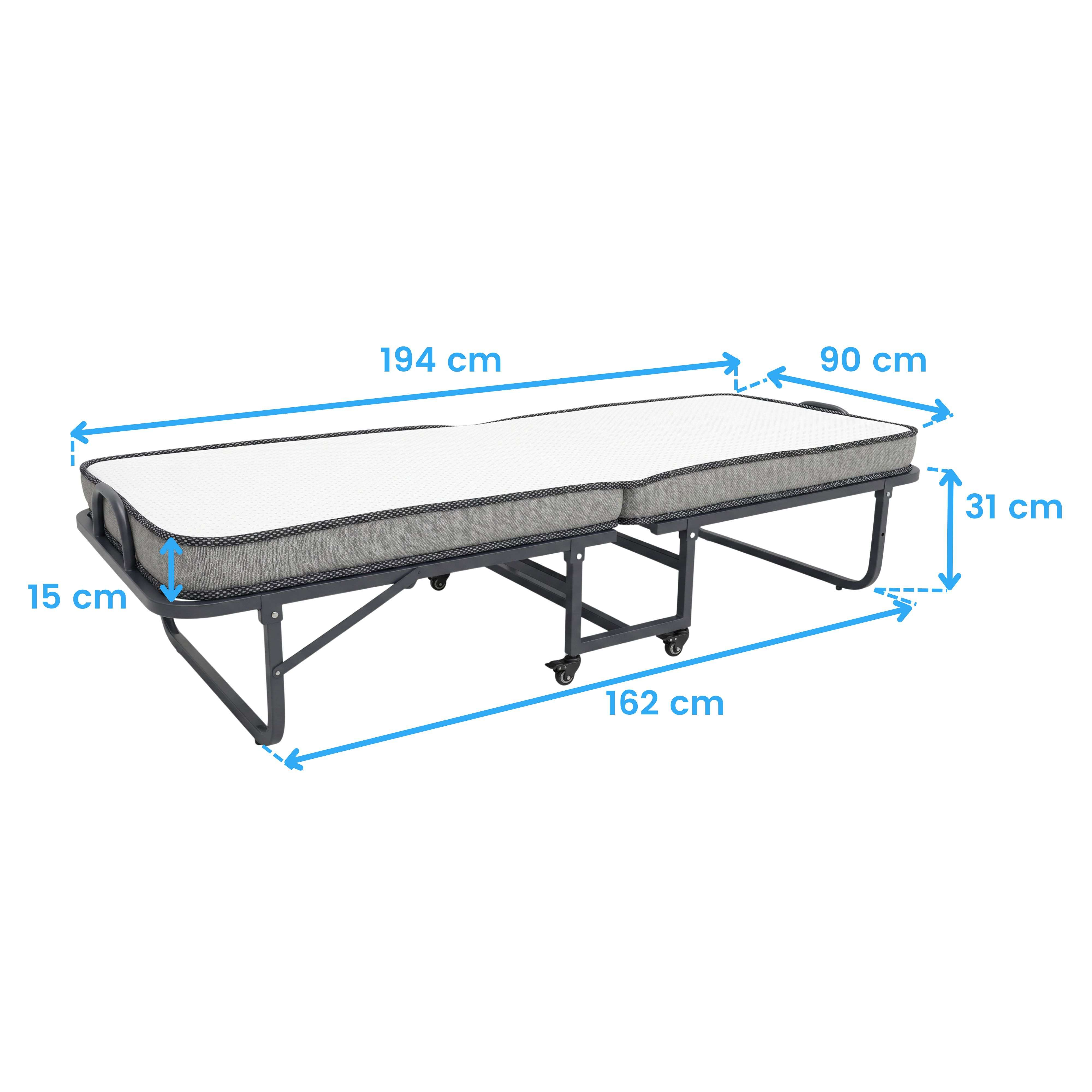 Cama plegable con dimensiones mostradas en flechas azules sobre fondo blanco.
