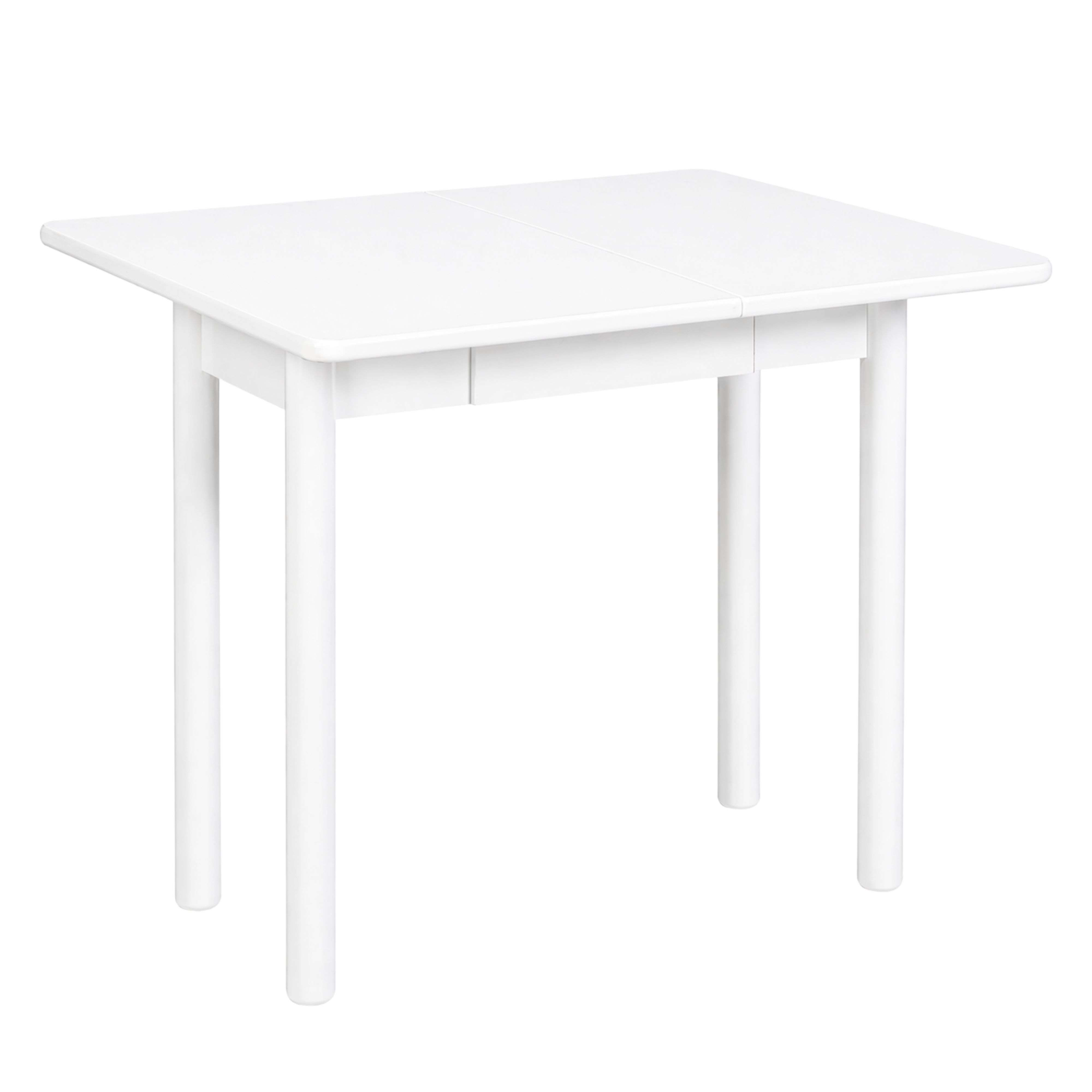 Una mesa de comedor blanca con superficie lisa y cuatro patas cilíndricas sobre fondo blanco.