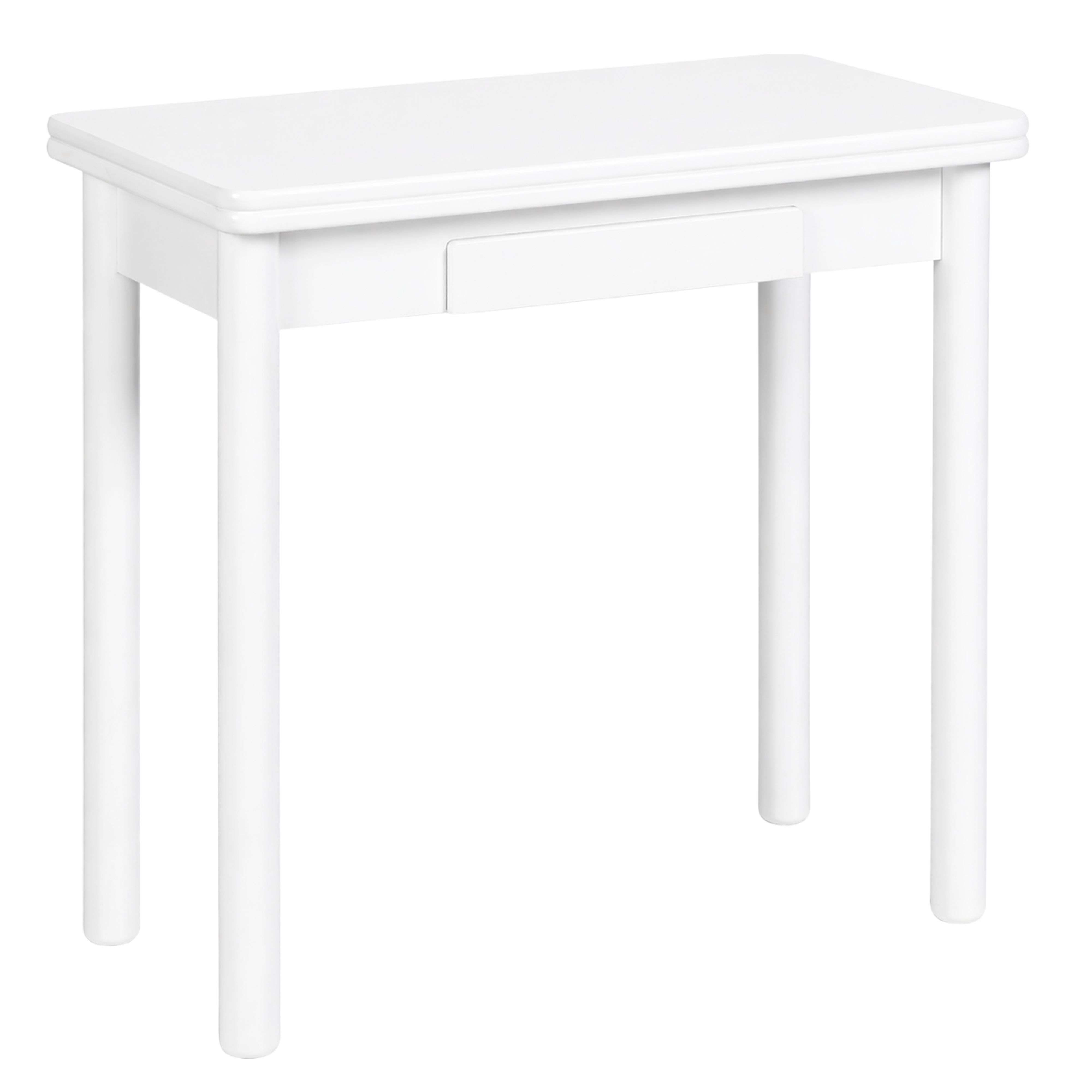 Una mesa de madera blanca con cuatro patas redondas y un cajón sobre fondo blanco.