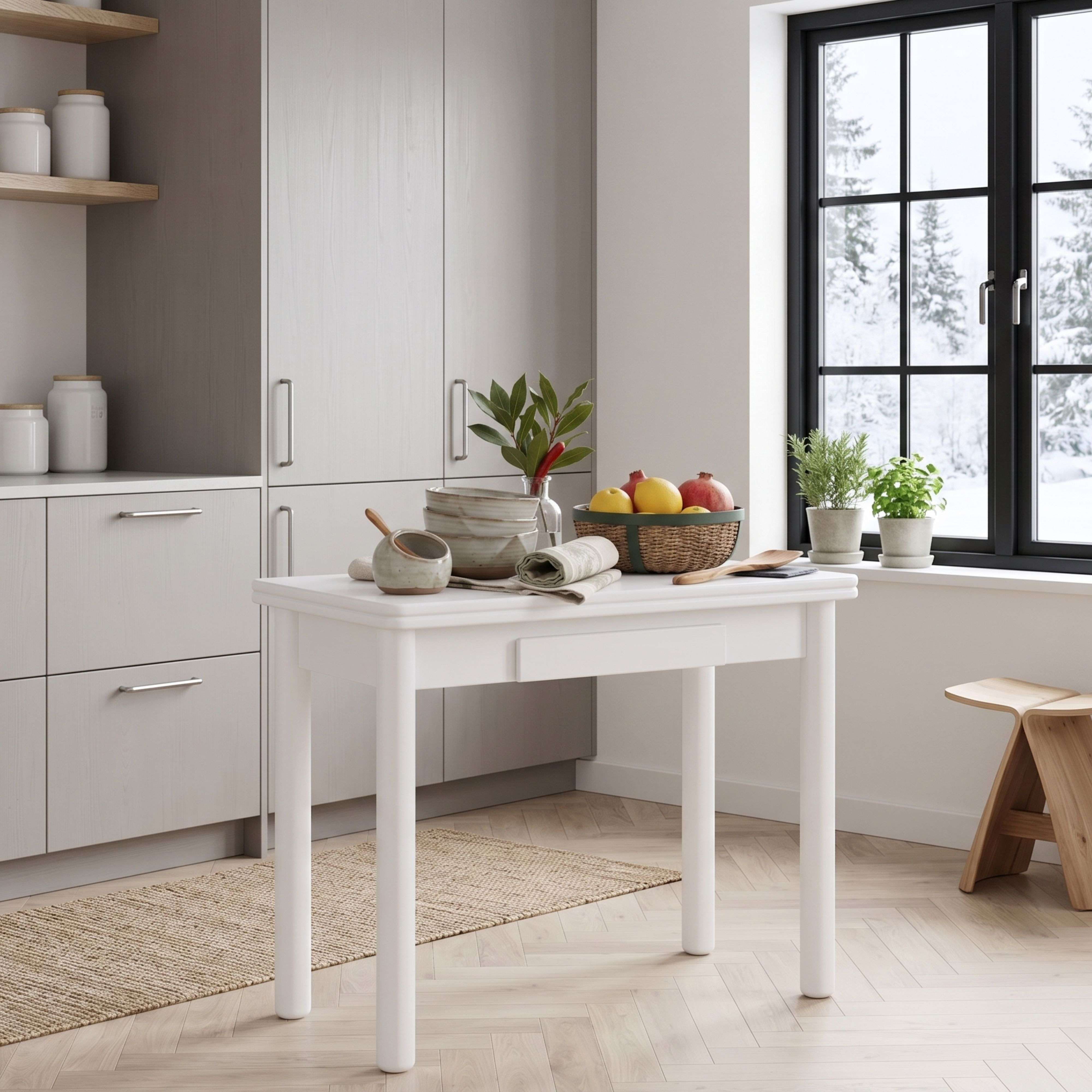Una isla de cocina blanca con cuencos, fruta y una cesta se encuentra frente a una ventana con vista nevada.