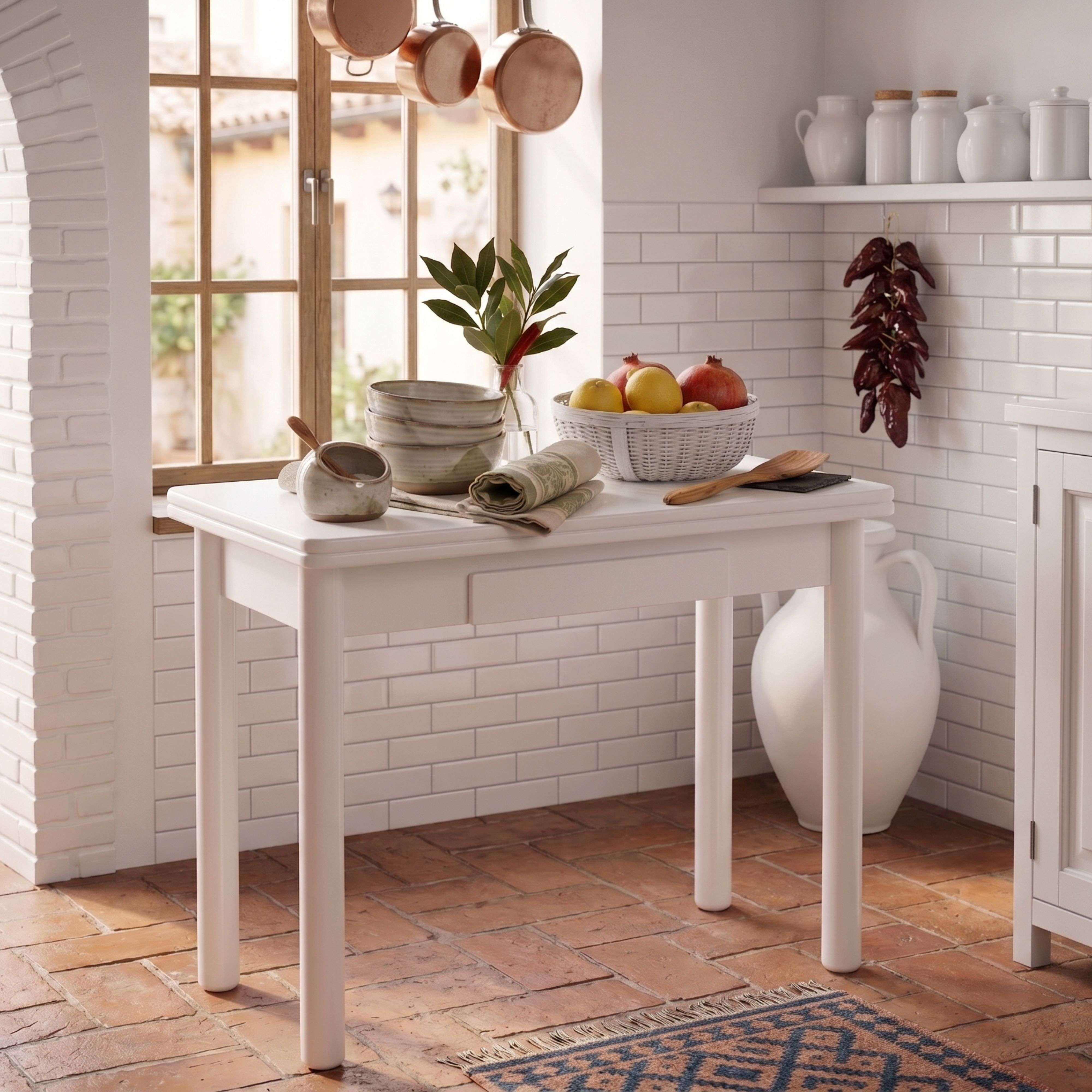 Mesa de cocina blanca con cuencos, fruta y hierbas, frente a una ventana.