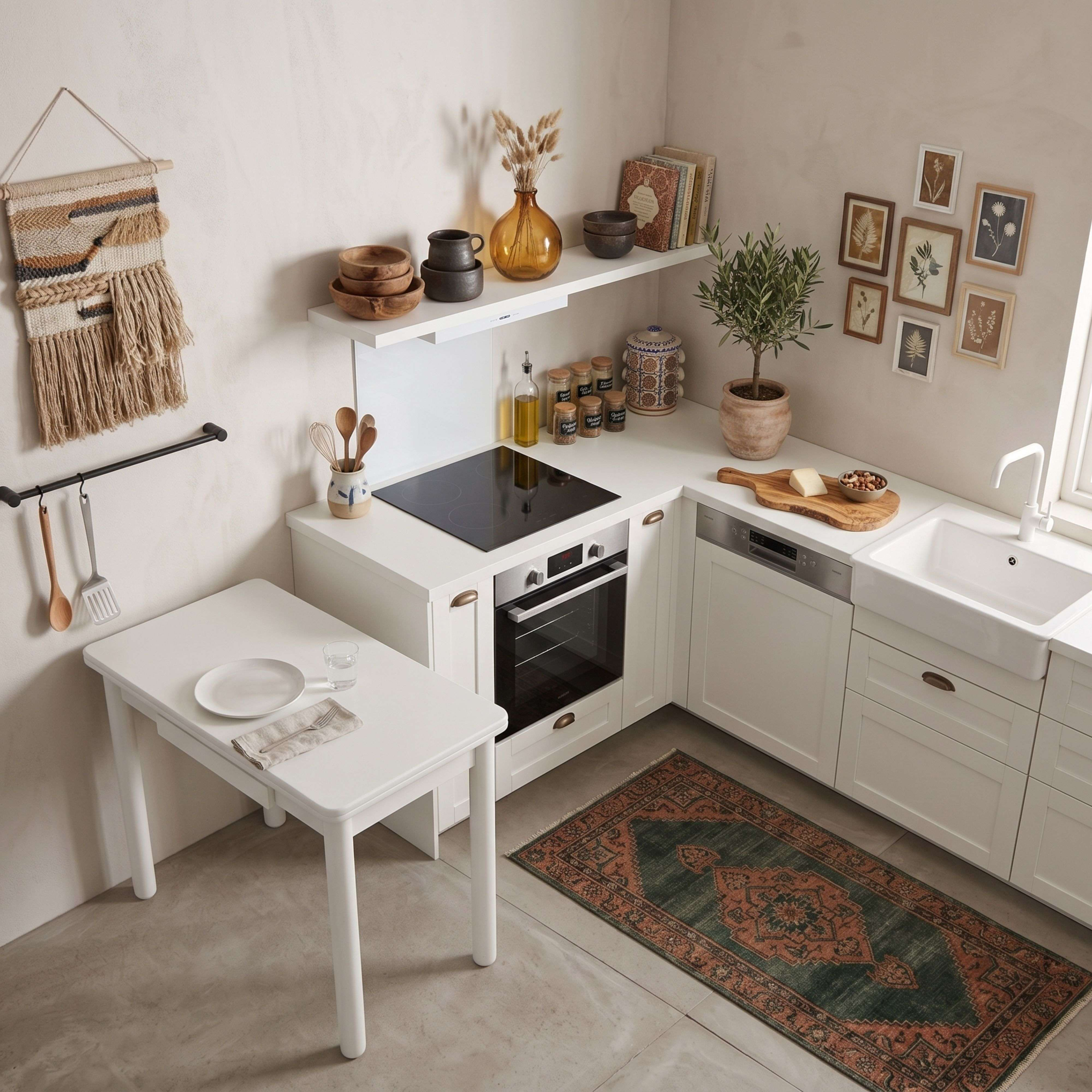 Una cocina blanca con horno, fregadero, estante de madera, colgante de pared, mesa de comedor pequeña y alfombra.
