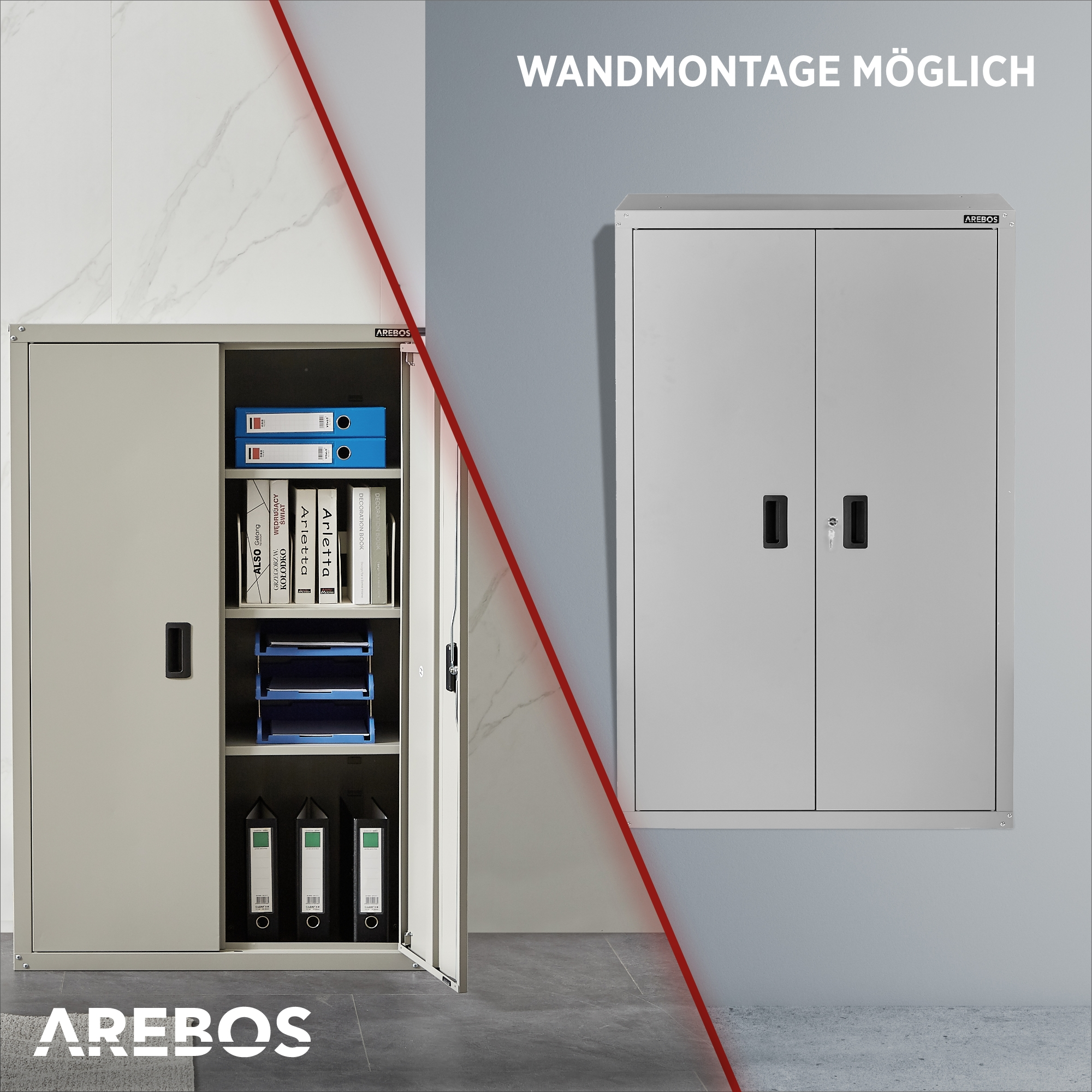 Grauer Arebos Metallschrank, offen mit Ordnern und geschlossen an der Wand.