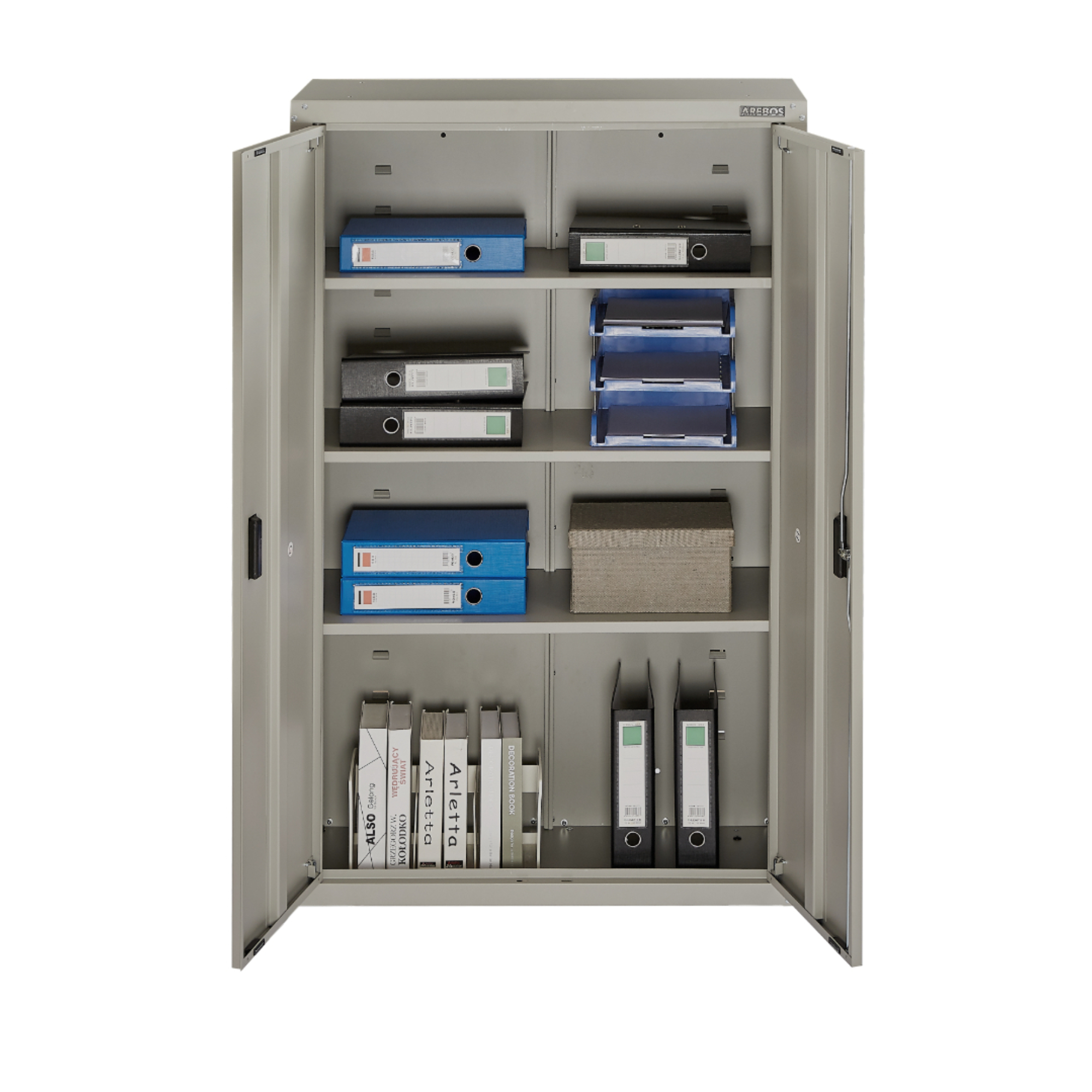 Ein offener grauer Metallsanftschrank mit vier Regalböden, gefüllt mit Ordnern, Ablagen und einer Box.