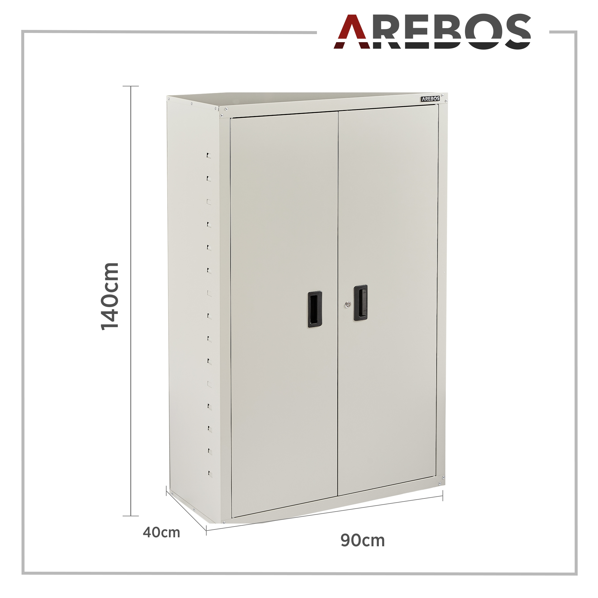 Grauer Arebos Metallschrank mit den Maßen 140x90x40 cm, zwei Türen und schwarzen Griffen auf weißem Hintergrund.