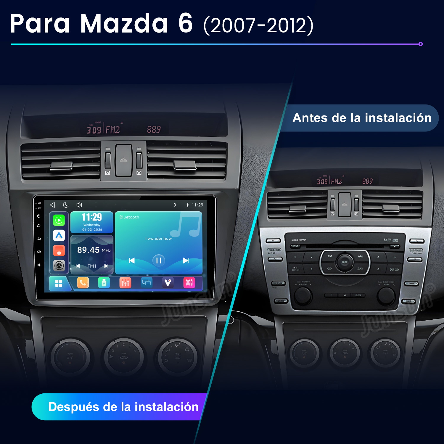 Comparación de la consola del Mazda 6 antes y después de instalar una moderna radio con pantalla táctil.