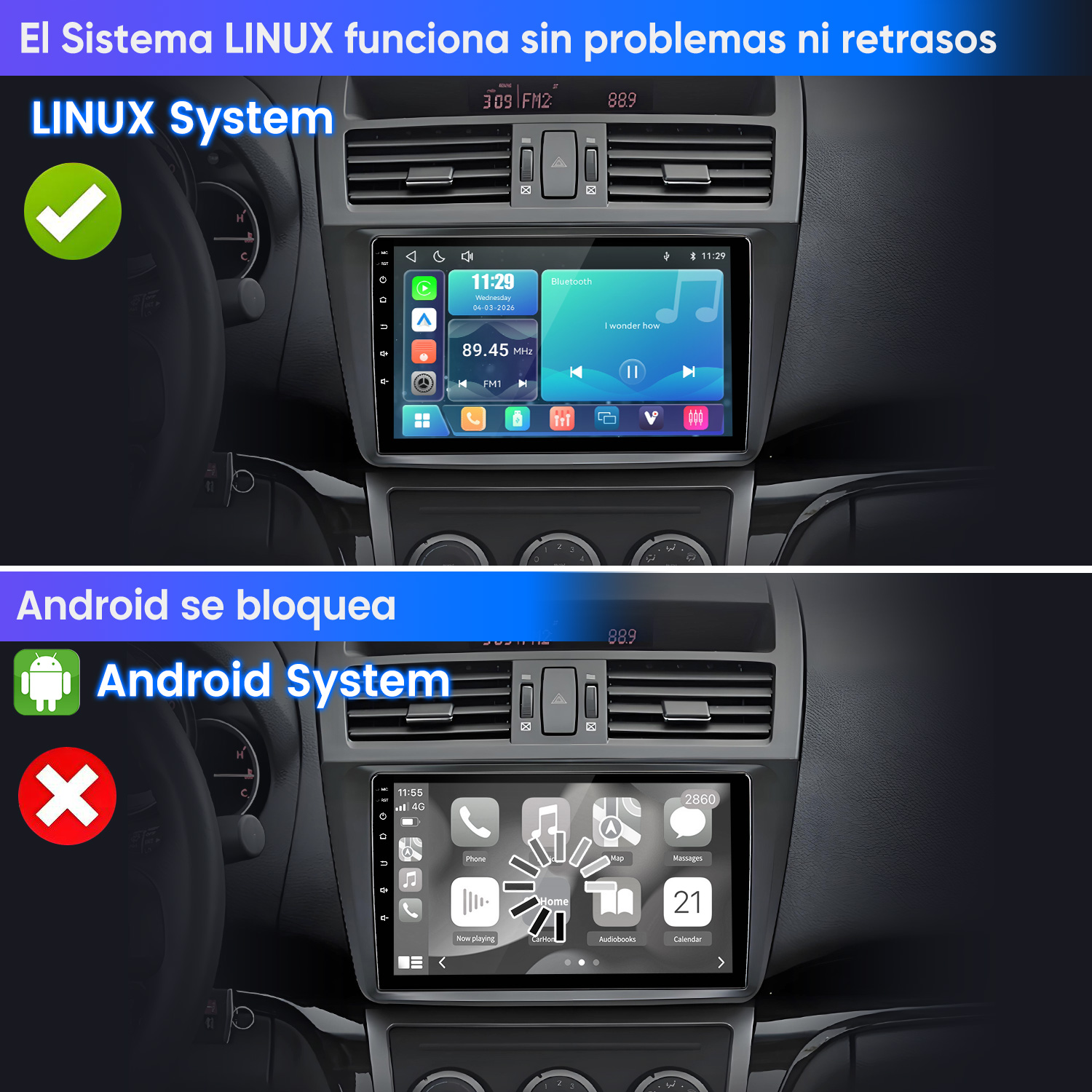 Comparación de dos pantallas de coche: un sistema Linux funciona sin problemas con un tic verde, el sistema Android muestra un icono de carga con una X roja.