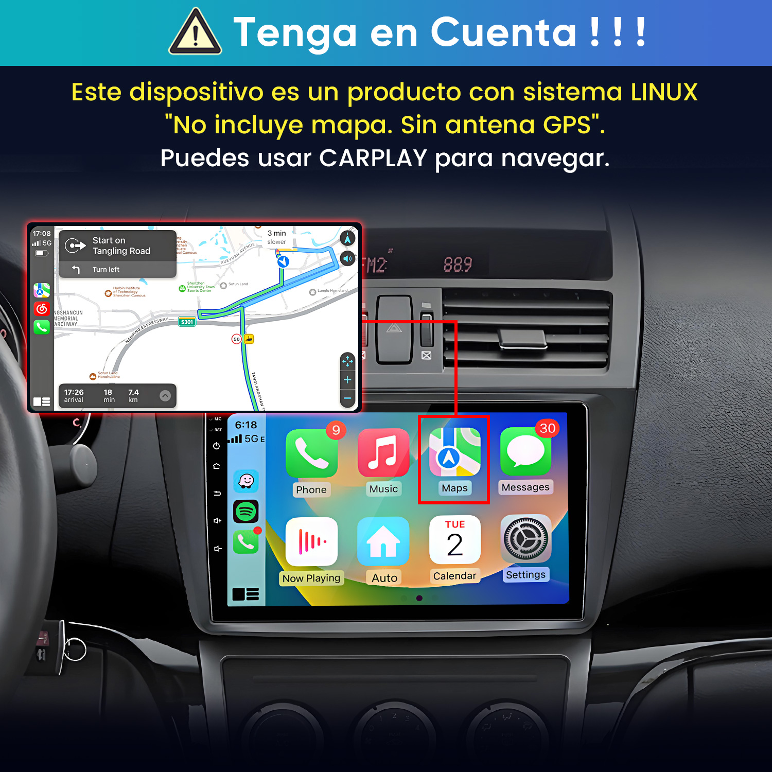 Autoradio Linux con menú CarPlay y vista de mapa GPS grande.