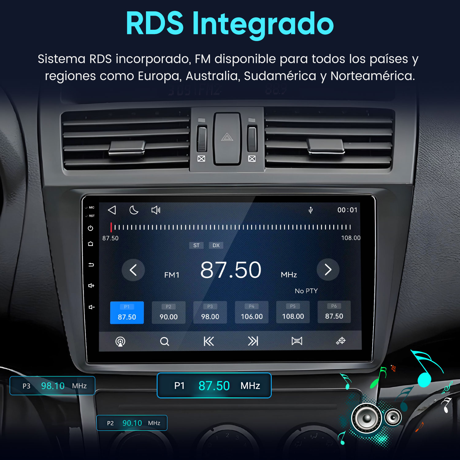 Un salpicadero de coche con estéreo táctil digital mostrando radio FM a 87.50 MHz y rejillas de aire.