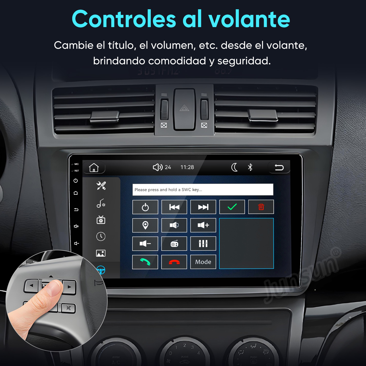 Una pantalla multimedia de auto muestra la asignación de teclas del volante, con un pequeño recuadro que muestra los controles.