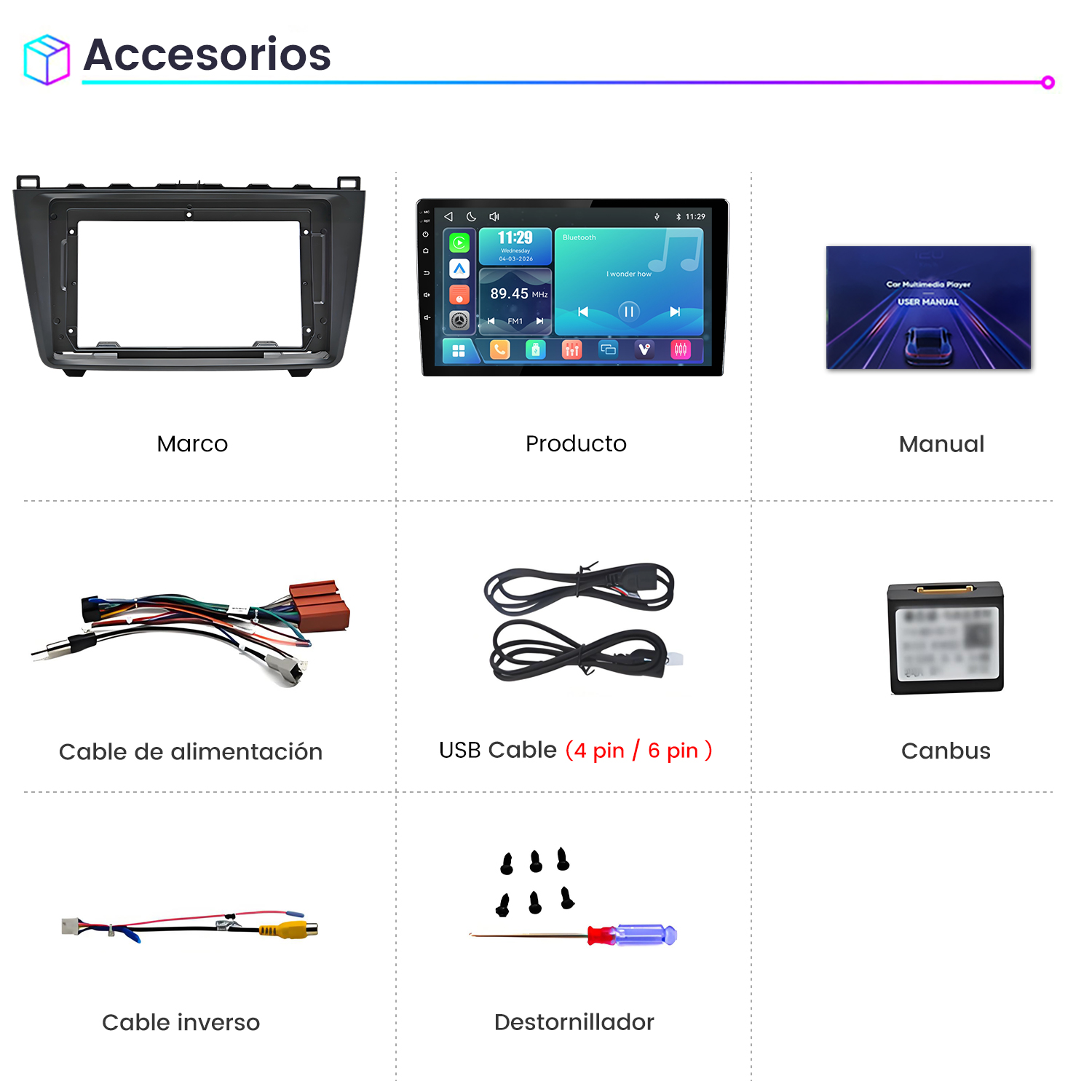 Accesorios de audio para coche con marco, pantalla táctil, manual, cables, canbus y tornillos.