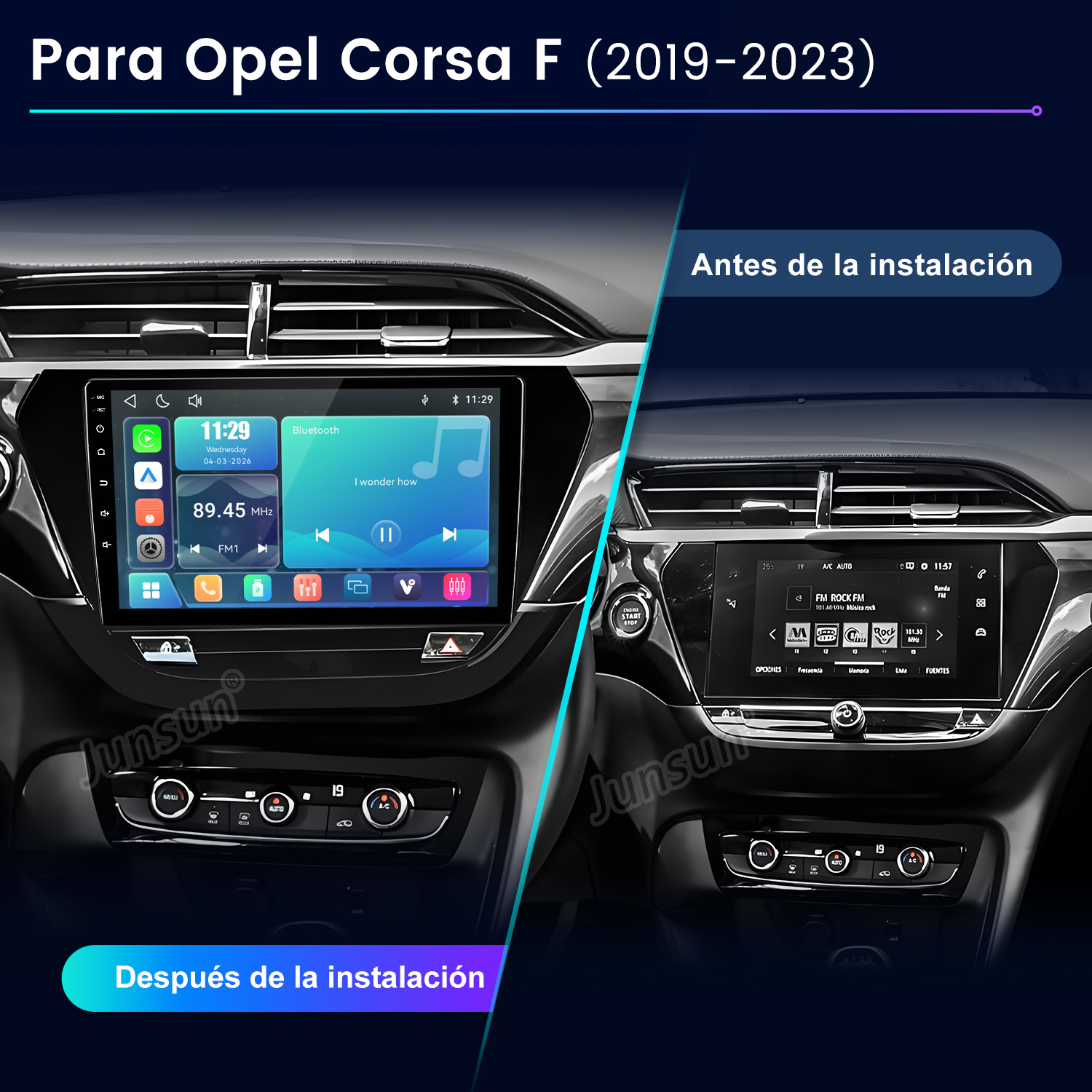 Comparación de la consola del Opel Corsa F antes y después de instalar un nuevo navegador.