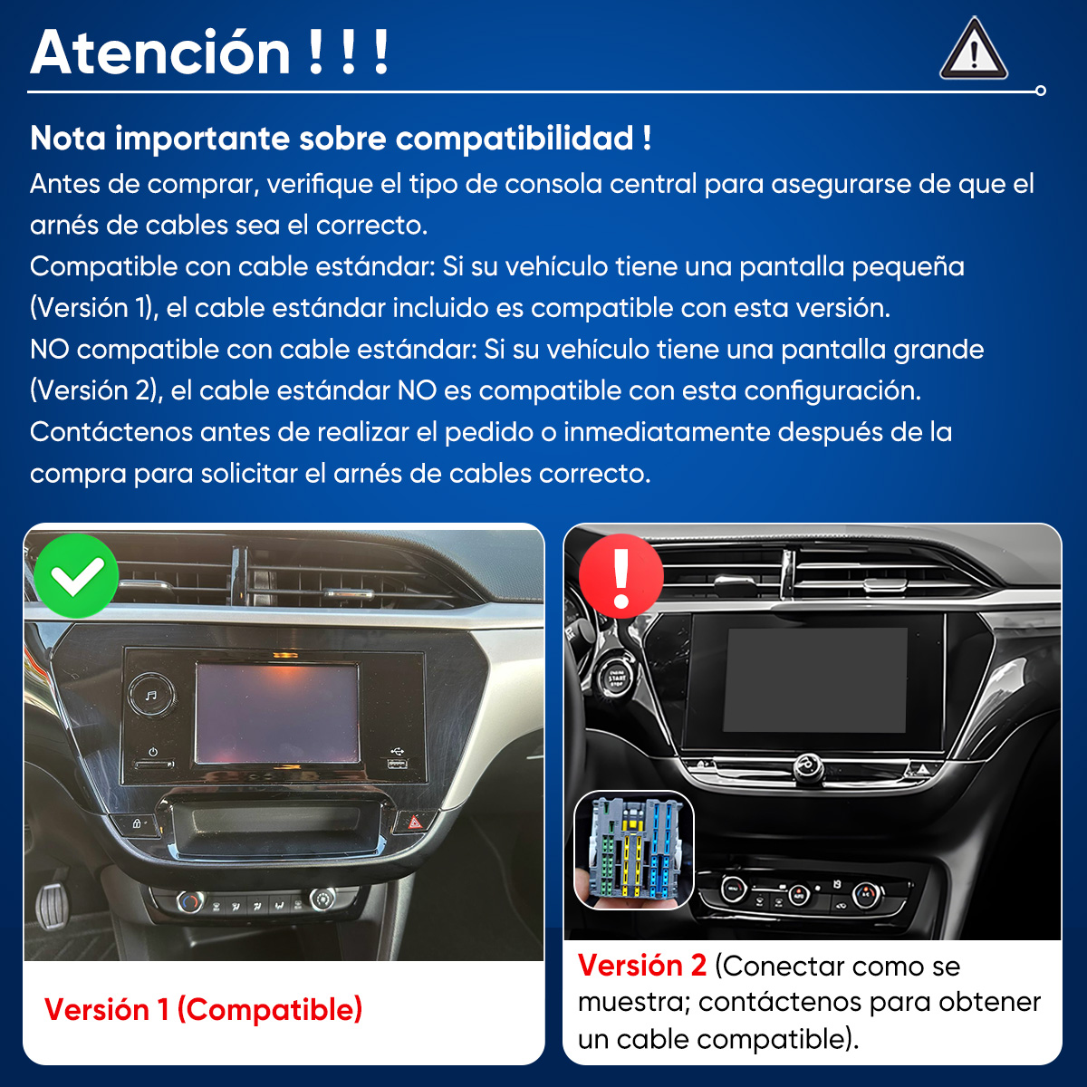 Guía de compatibilidad de consolas: Versión 1 (compatible) y Versión 2 (requiere otro cable).