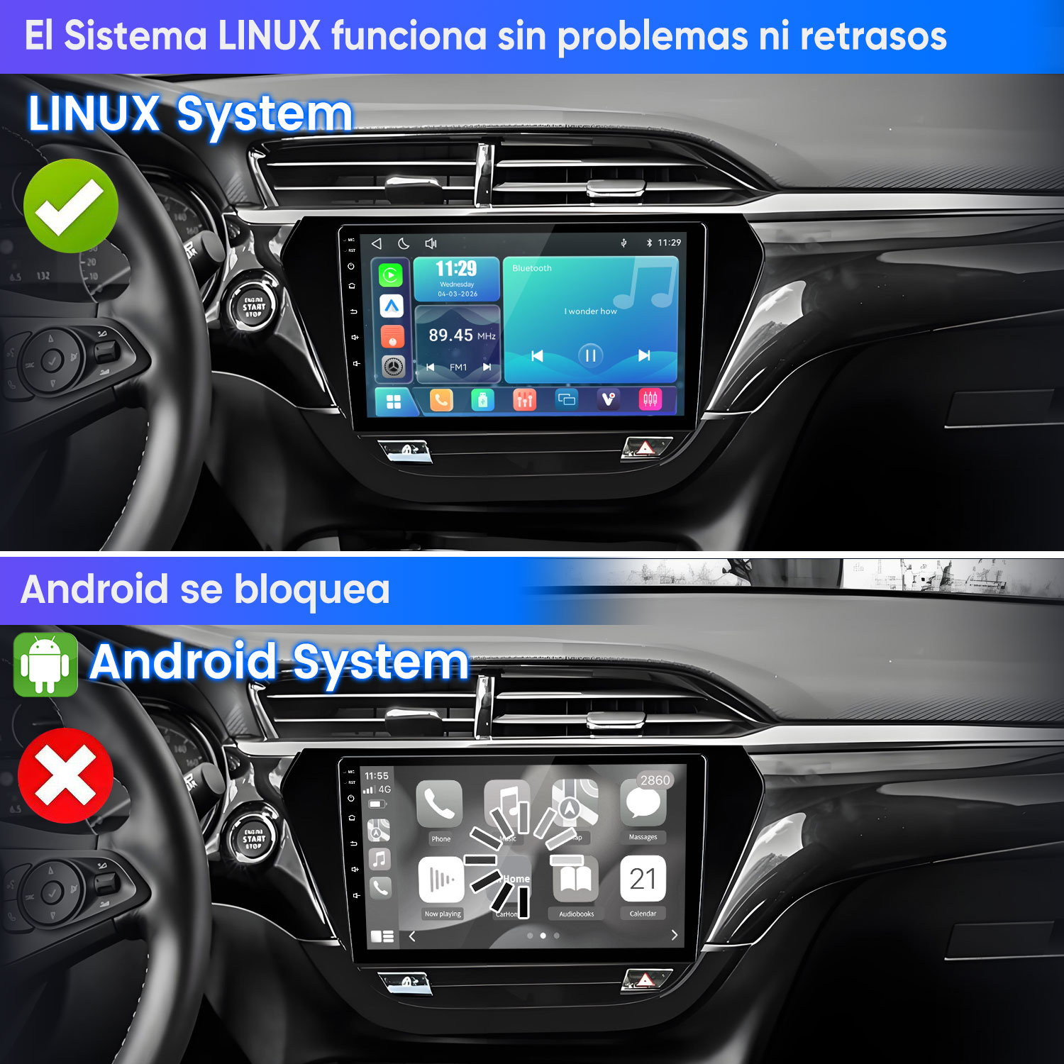Comparación de sistemas de infoentretenimiento Linux y Android, mostrando Linux fluido y Android bloqueado.
