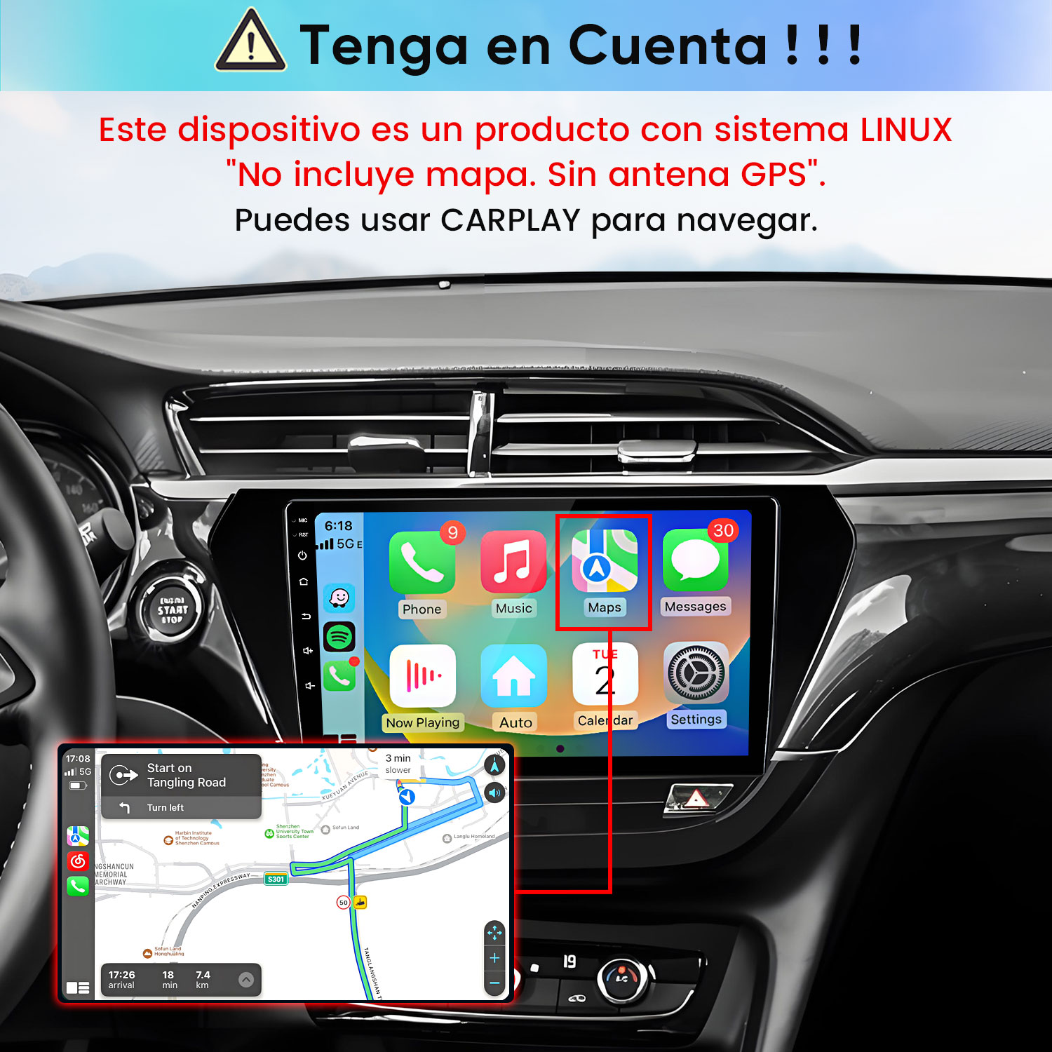 Interior de auto con pantalla multimedia Linux, iconos y advertencia.