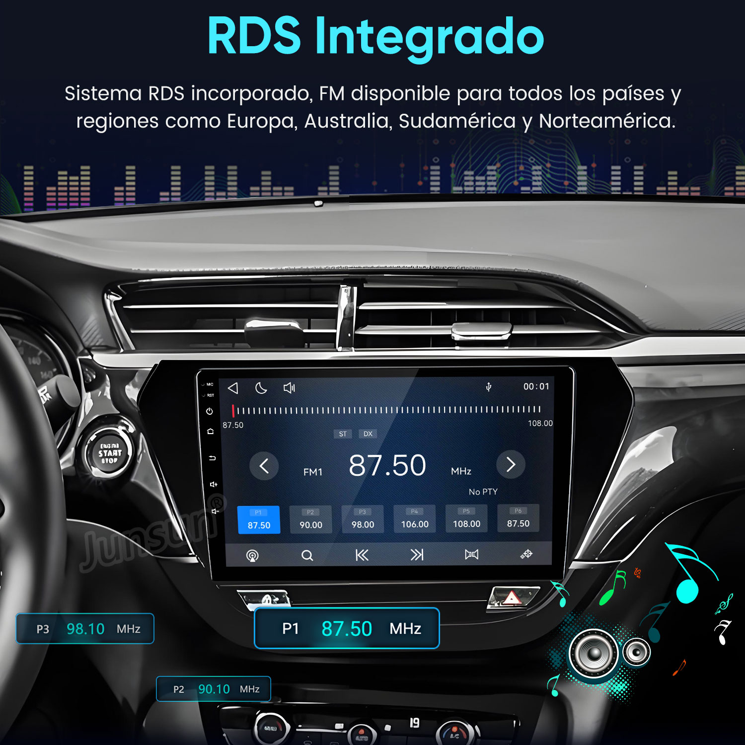 Una radio de coche con frecuencias FM e integración RDS en un salpicadero.