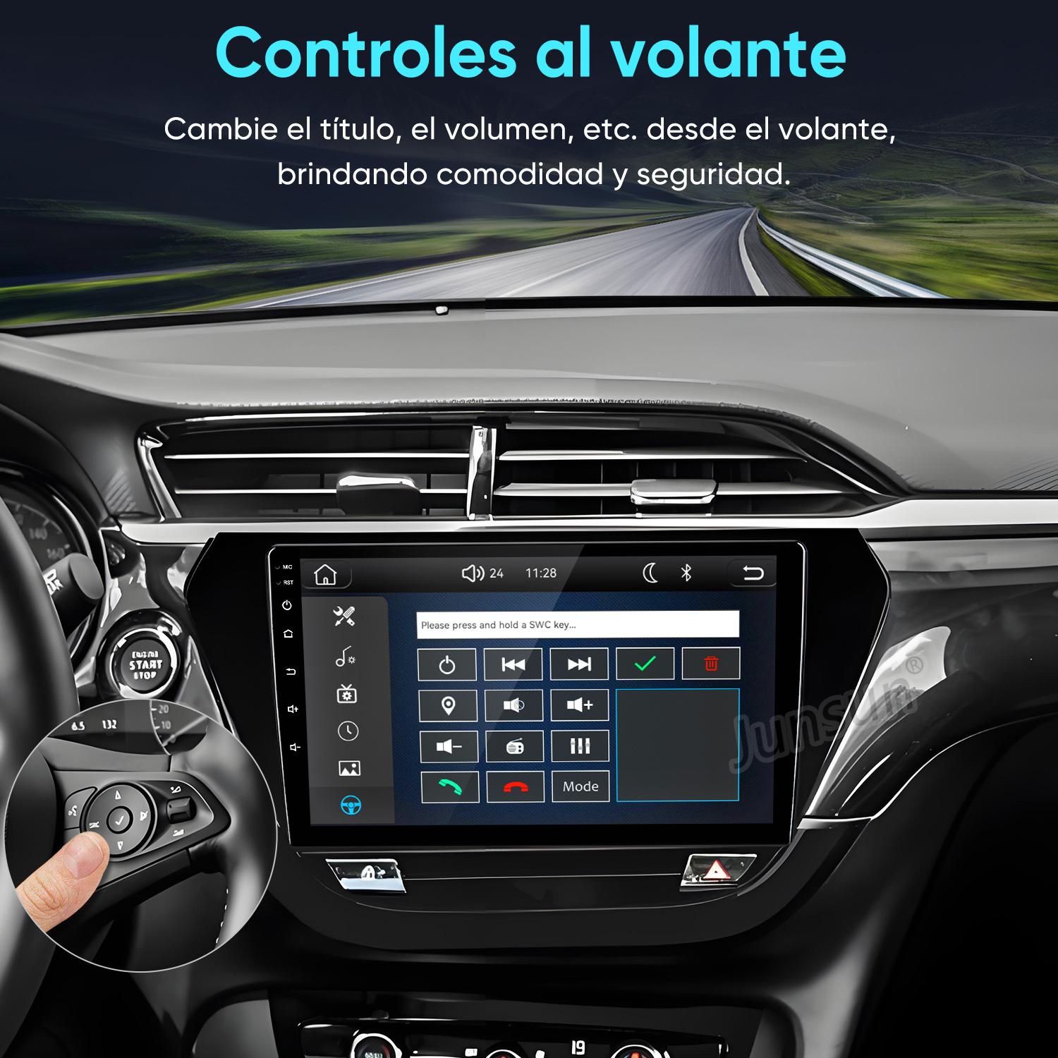 Interior de auto con pantalla táctil y controles en el volante sobre fondo de carretera.