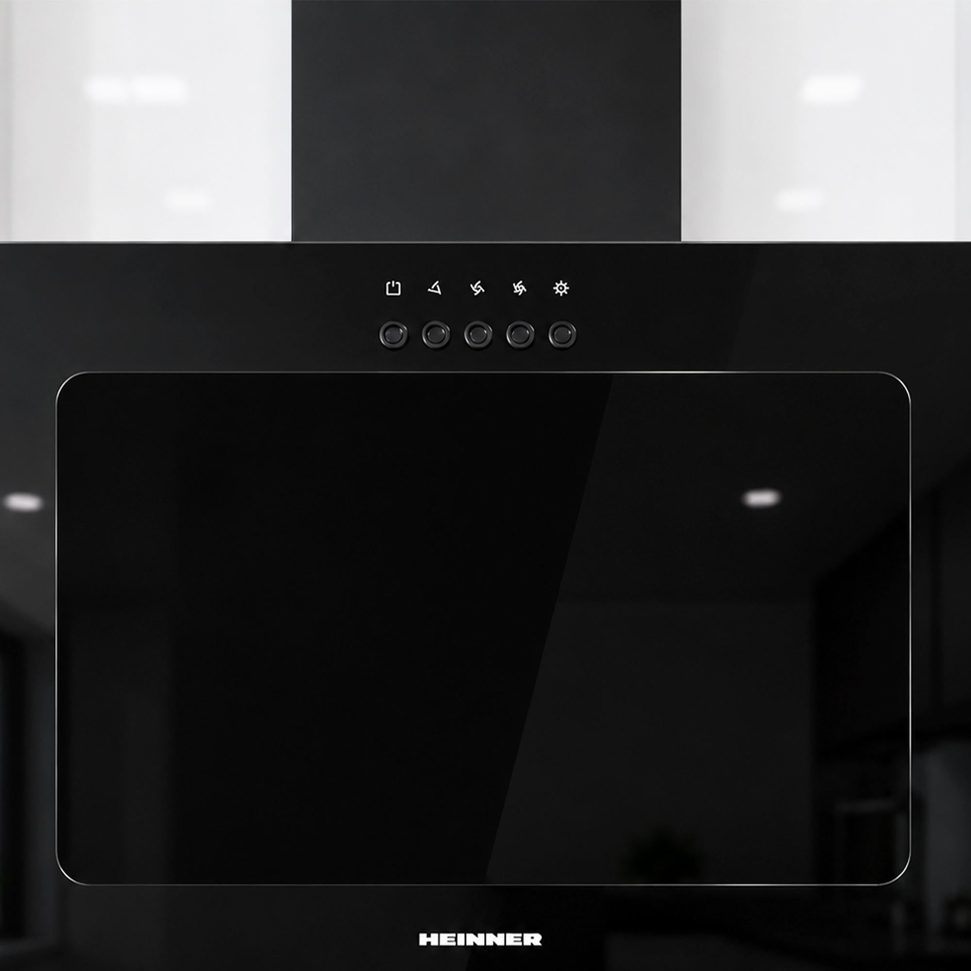 Schwarze Dunstabzugshaube mit Touch-Bedienfeld und Heinner-Logo.