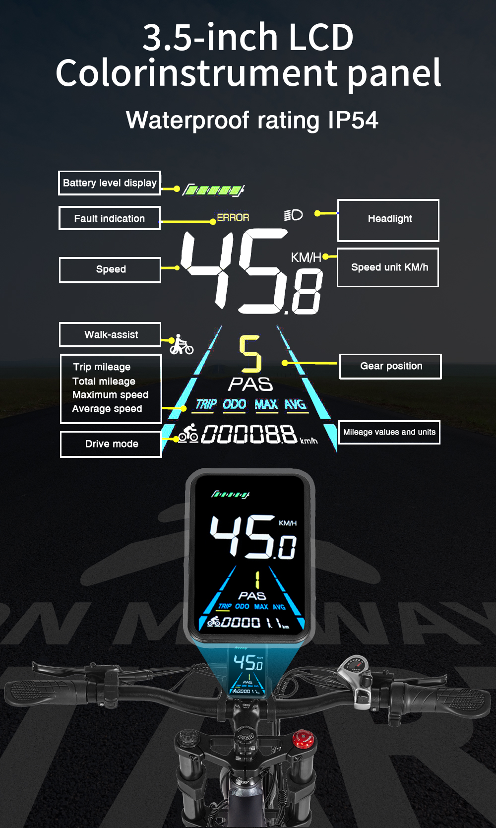 Display LCD a colori da 3,5 pollici che mostra velocità, batteria e chilometraggio.