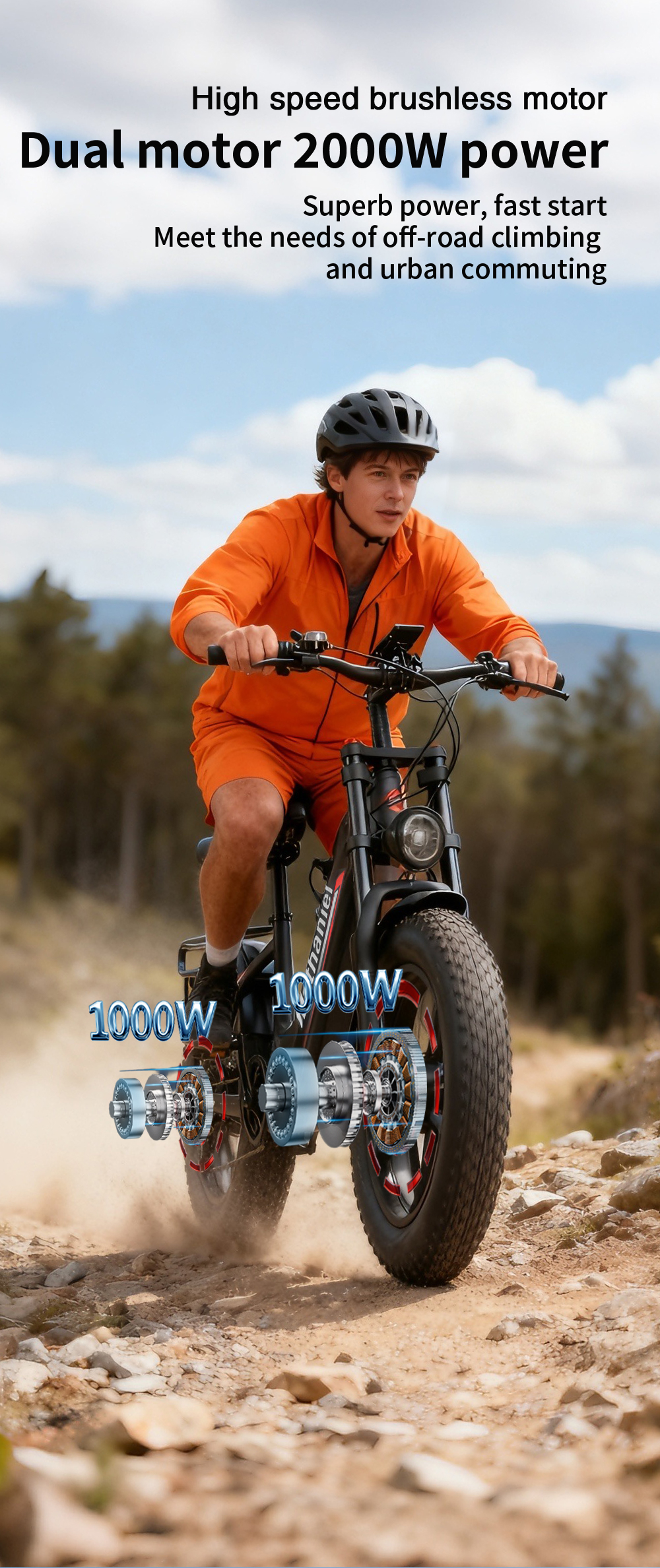 Un uomo in tuta arancione guida una bici elettrica su sterrato con grafica di due motori da 1000W.