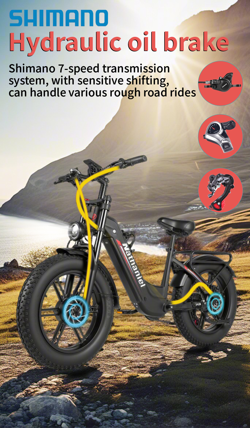 Una bicicletta elettrica con sfondo montano, freni idraulici Shimano e trasmissione a 7 velocità.