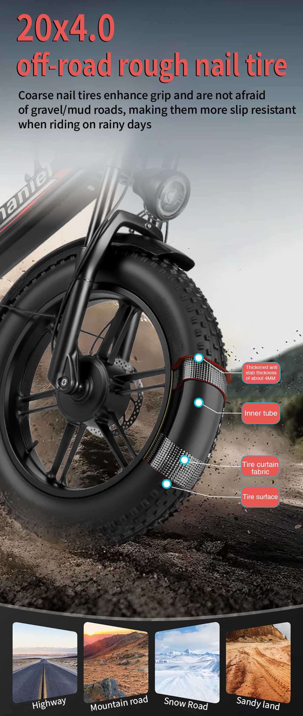 Pneumatico per bici fuoristrada con strati dettagliati e icone che mostrano la struttura.