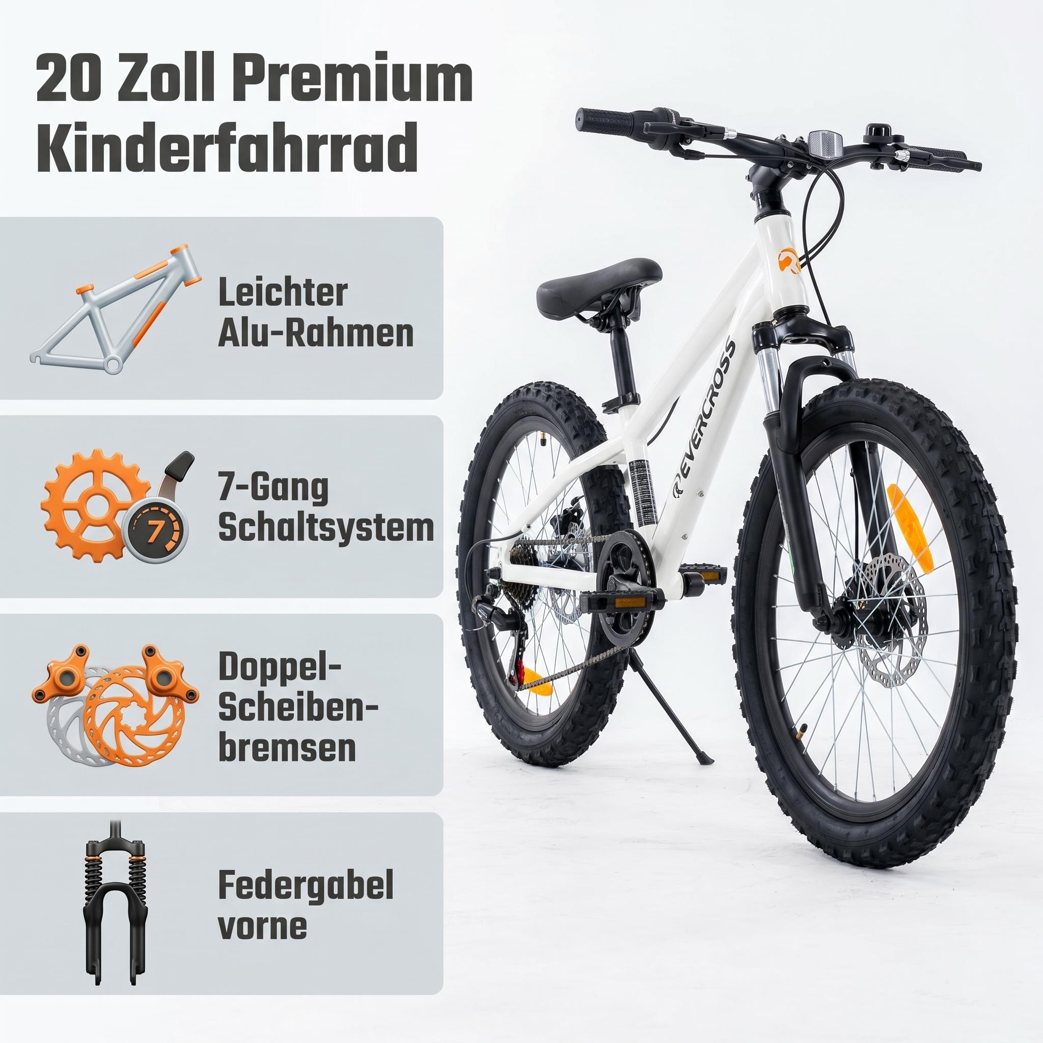 Weißes 20-Zoll-Kinderfahrrad mit Alu-Rahmen und Funktionsgrafiken links auf grauem Hintergrund.