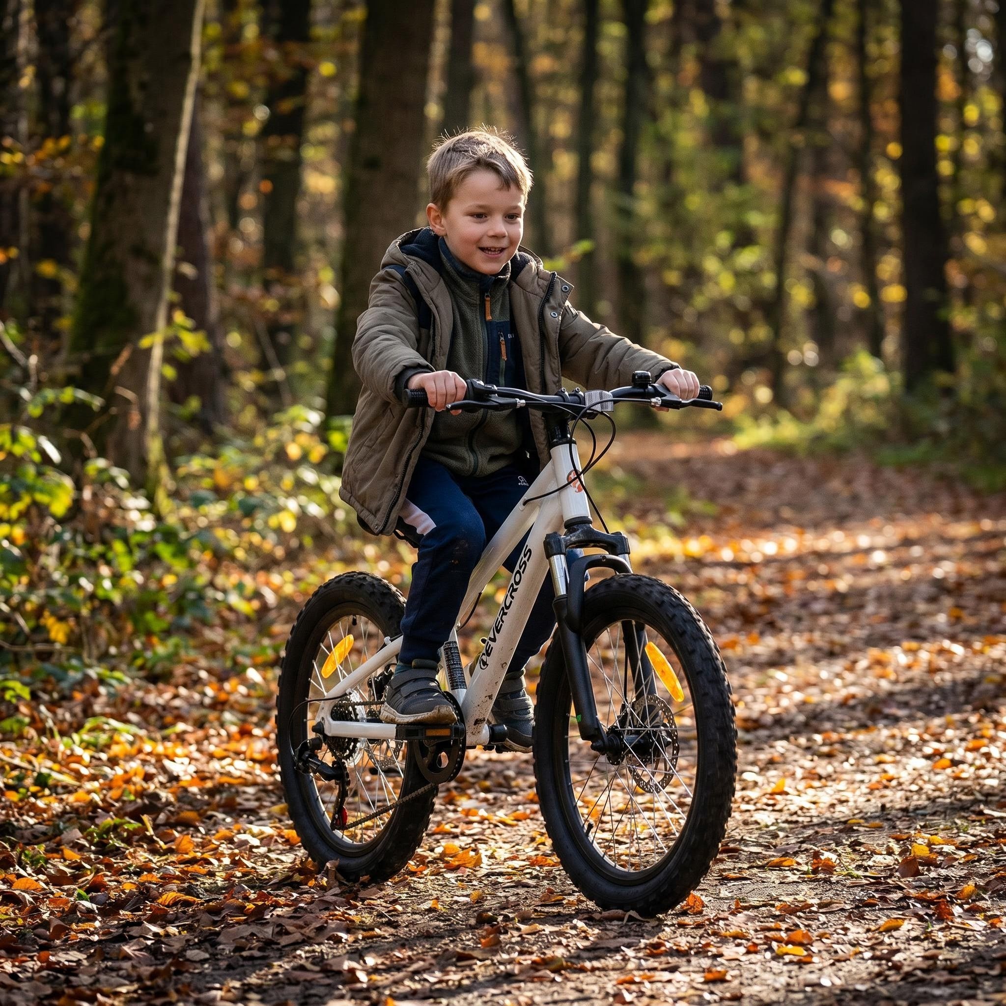 Ein Junge lächelt, während er mit einem weißen Mountainbike auf einem sonnigen, mit Herbstblättern bedeckten Waldweg fährt.