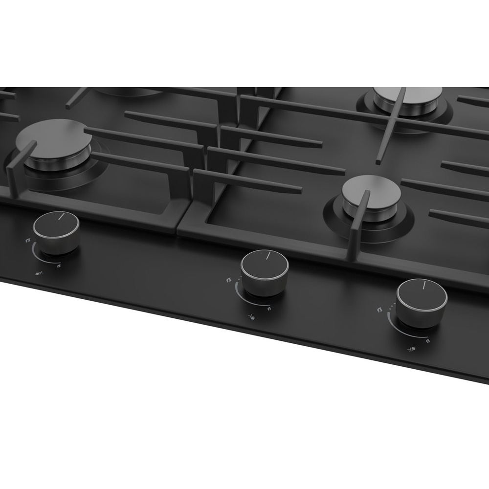 Black gas cooktop with four burners and front control knobs.