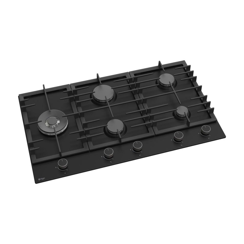 A black five-burner gas cooktop with cast iron grates and control knobs on the front panel against a white background.
