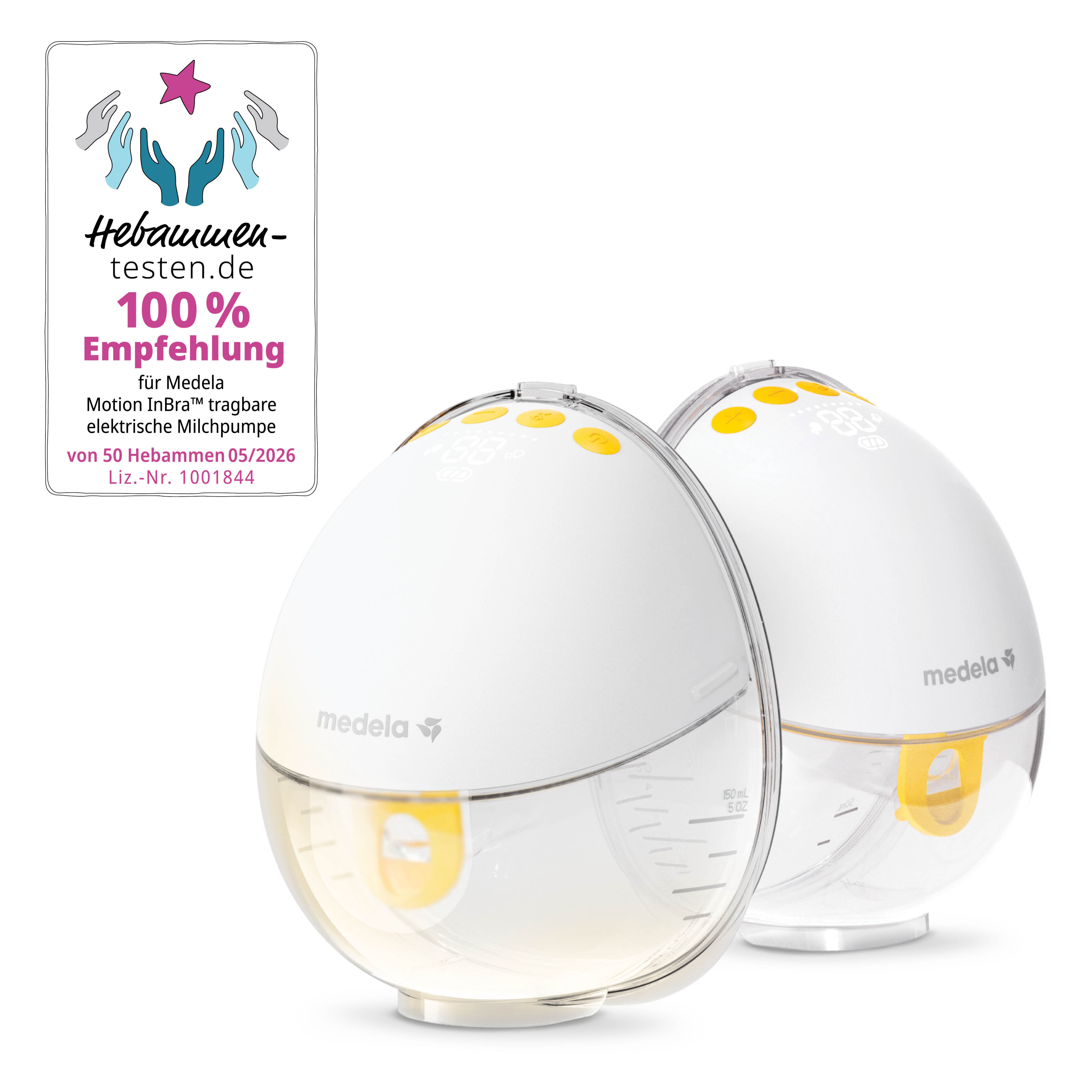 Zwei weiße Medela Motion InBra Milchpumpen mit Empfehlungssiegel auf weißem Hintergrund.