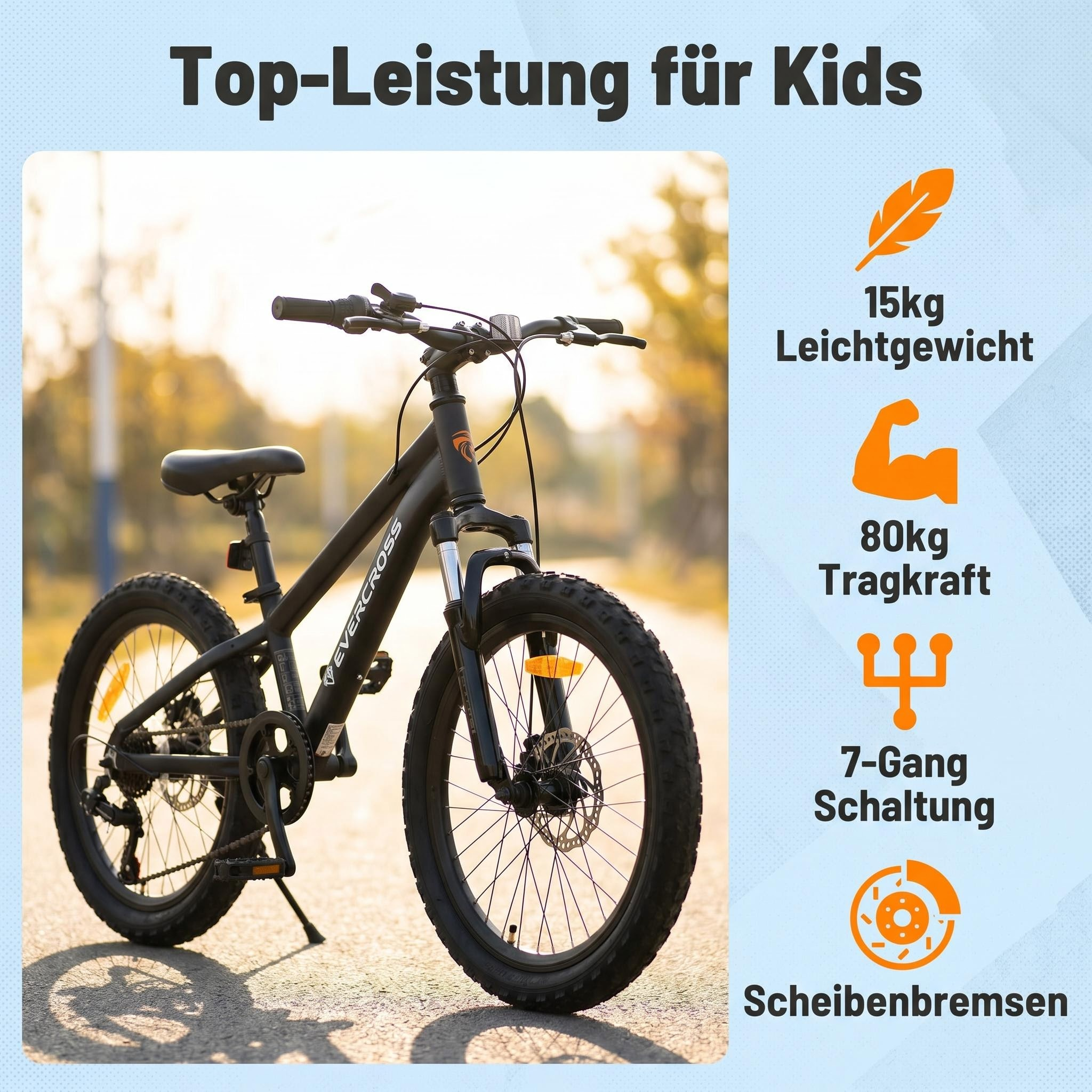 Ein schwarzes Evercross Kinderfahrrad auf einem asphaltierten Weg mit Feature-Symbolen rechts.