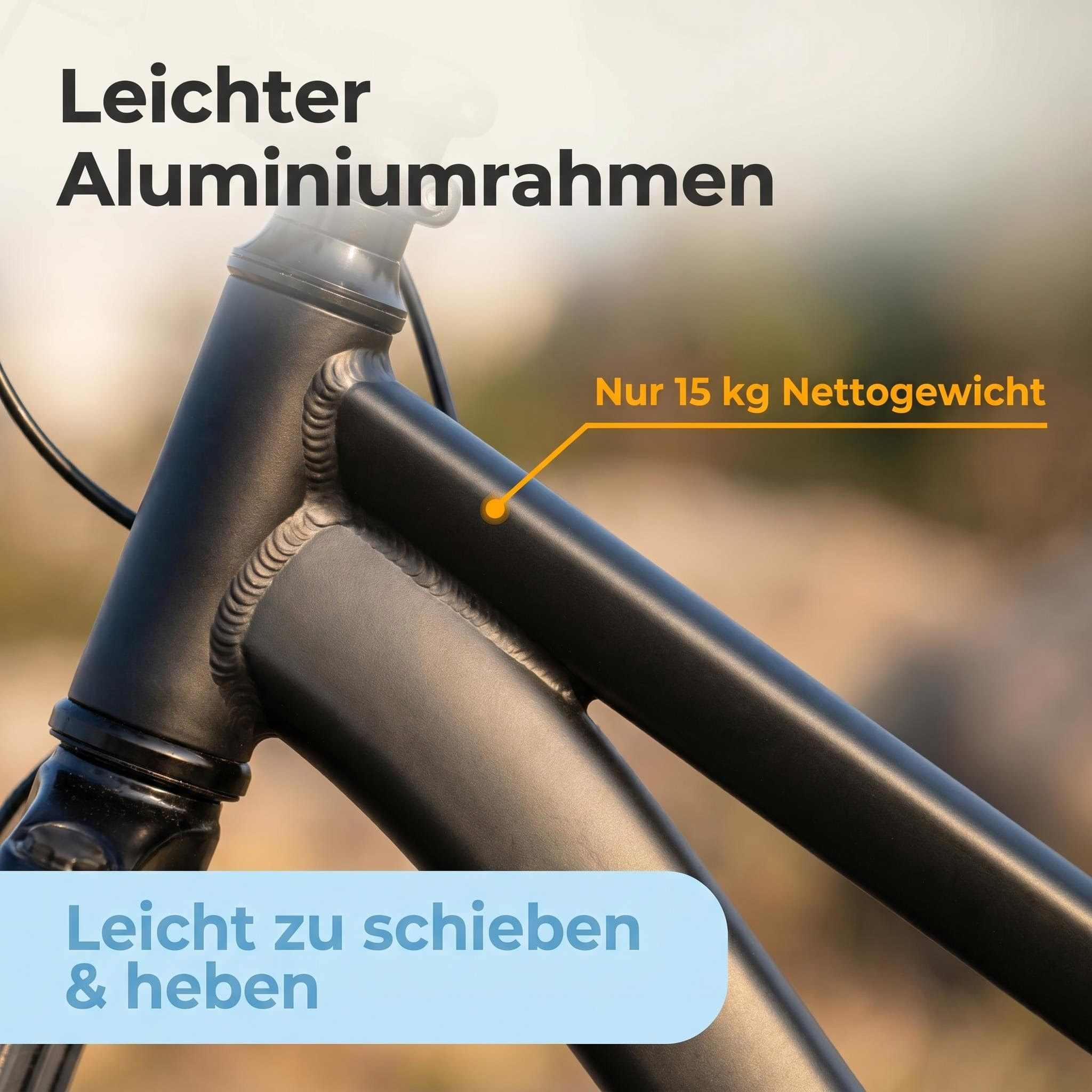 Nahaufnahme eines mattschwarzen Aluminium-Fahrradrahmens mit geschweißten Verbindungen.