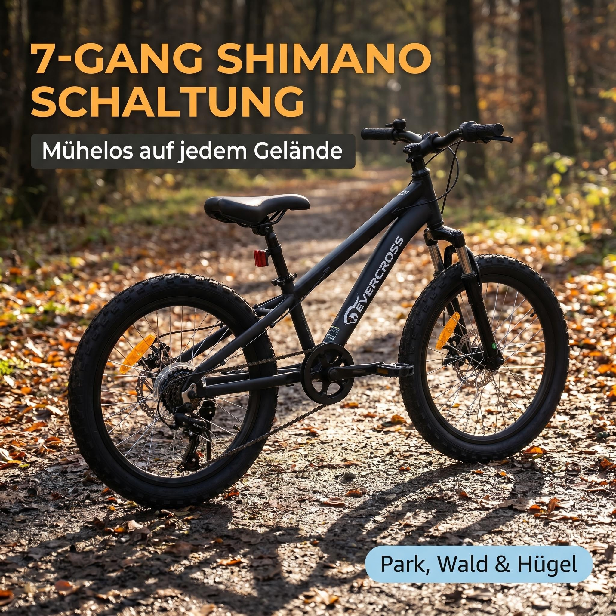 Ein schwarzes Evercross-Kinder-Mountainbike auf einem Feldweg in einem sonnigen Wald, mit deutschem Werbetext.