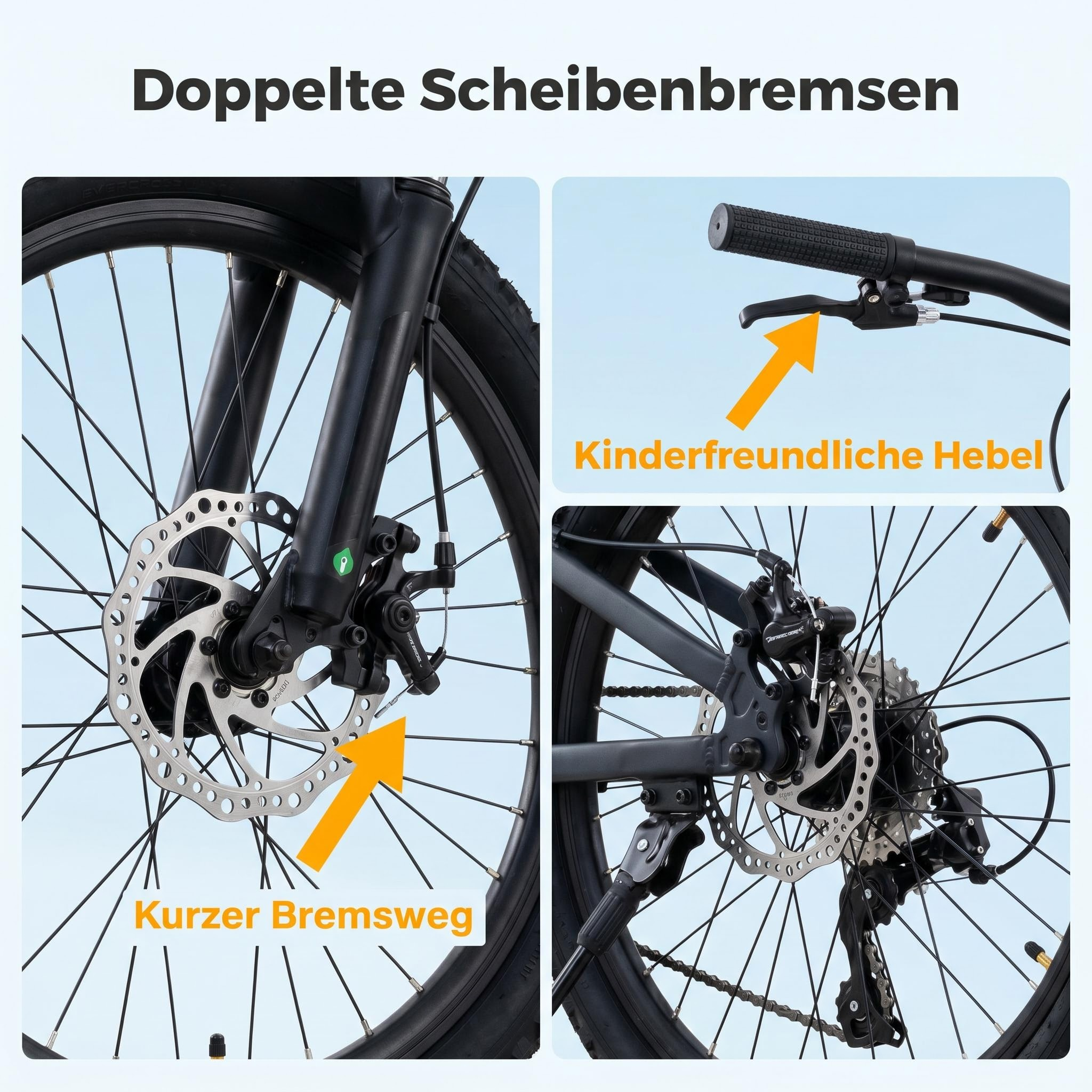 Bicycle details showing double disc brakes, a short braking distance, and child-friendly levers.