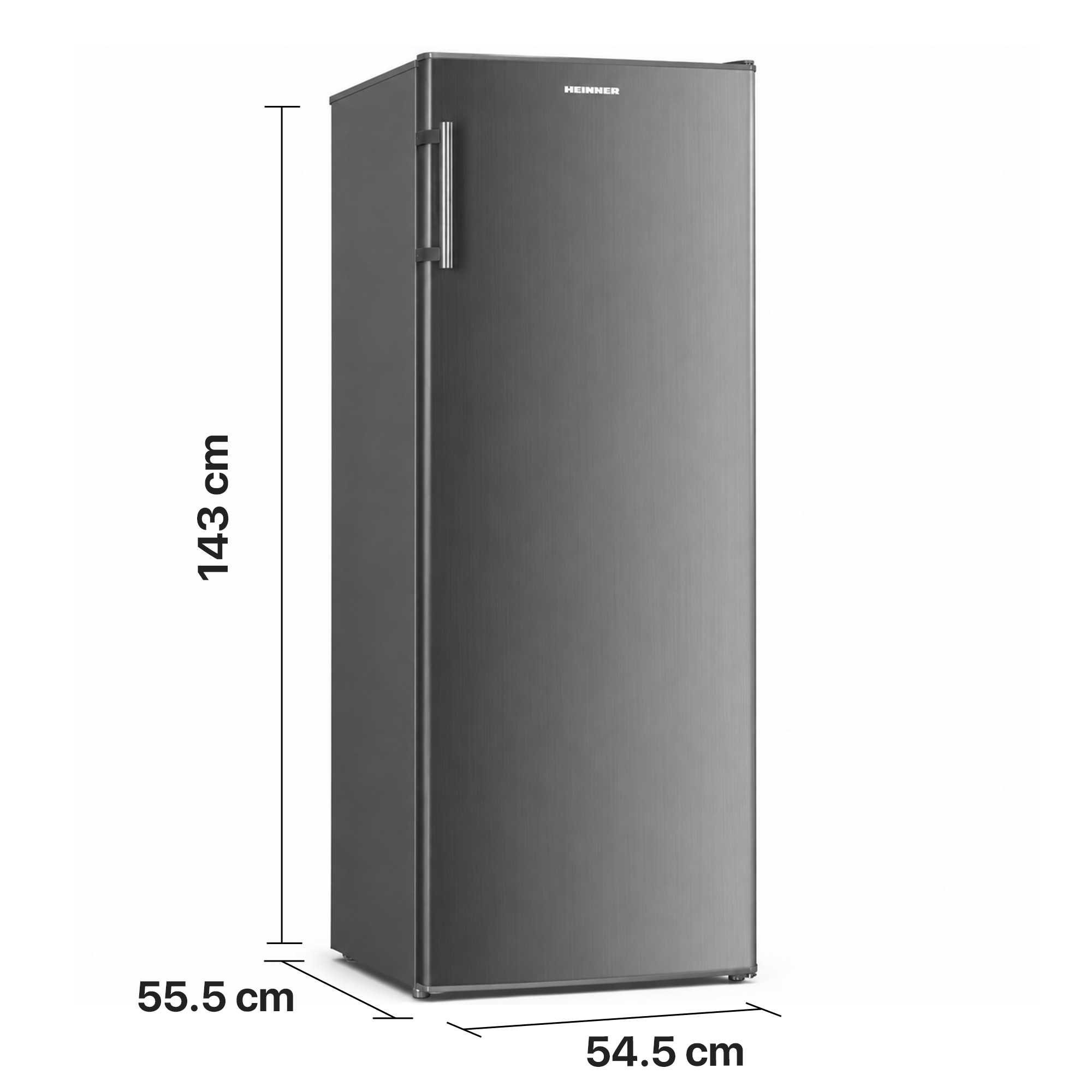 Ein dunkelgrauer Kühlschrank mit Maßangaben: 143 cm Höhe, 54,5 cm Breite und 55,5 cm Tiefe.