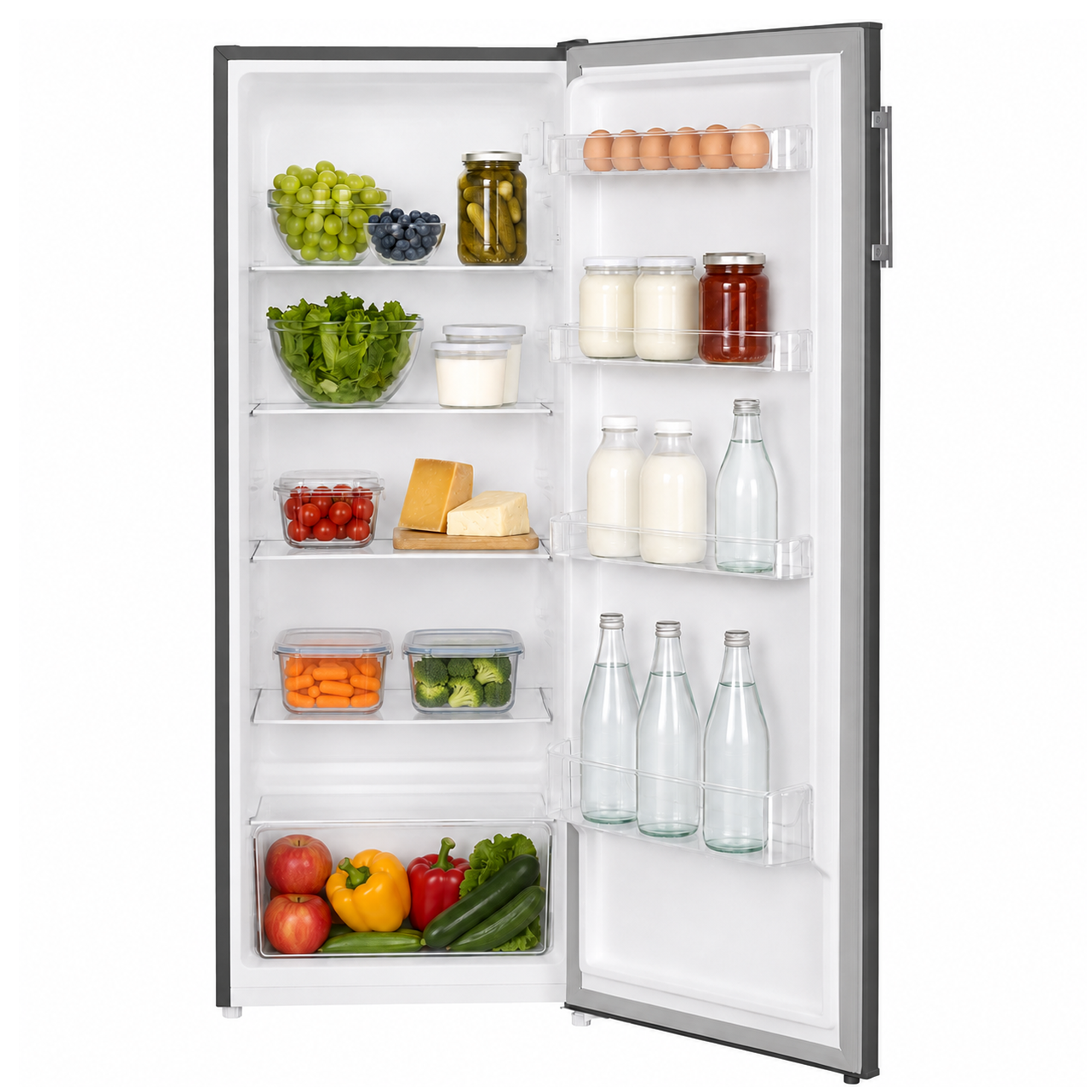 Ein offener Kühlschrank mit frischem Obst, Gemüse, Milchprodukten, Gläsern und Flaschen auf Regalen.