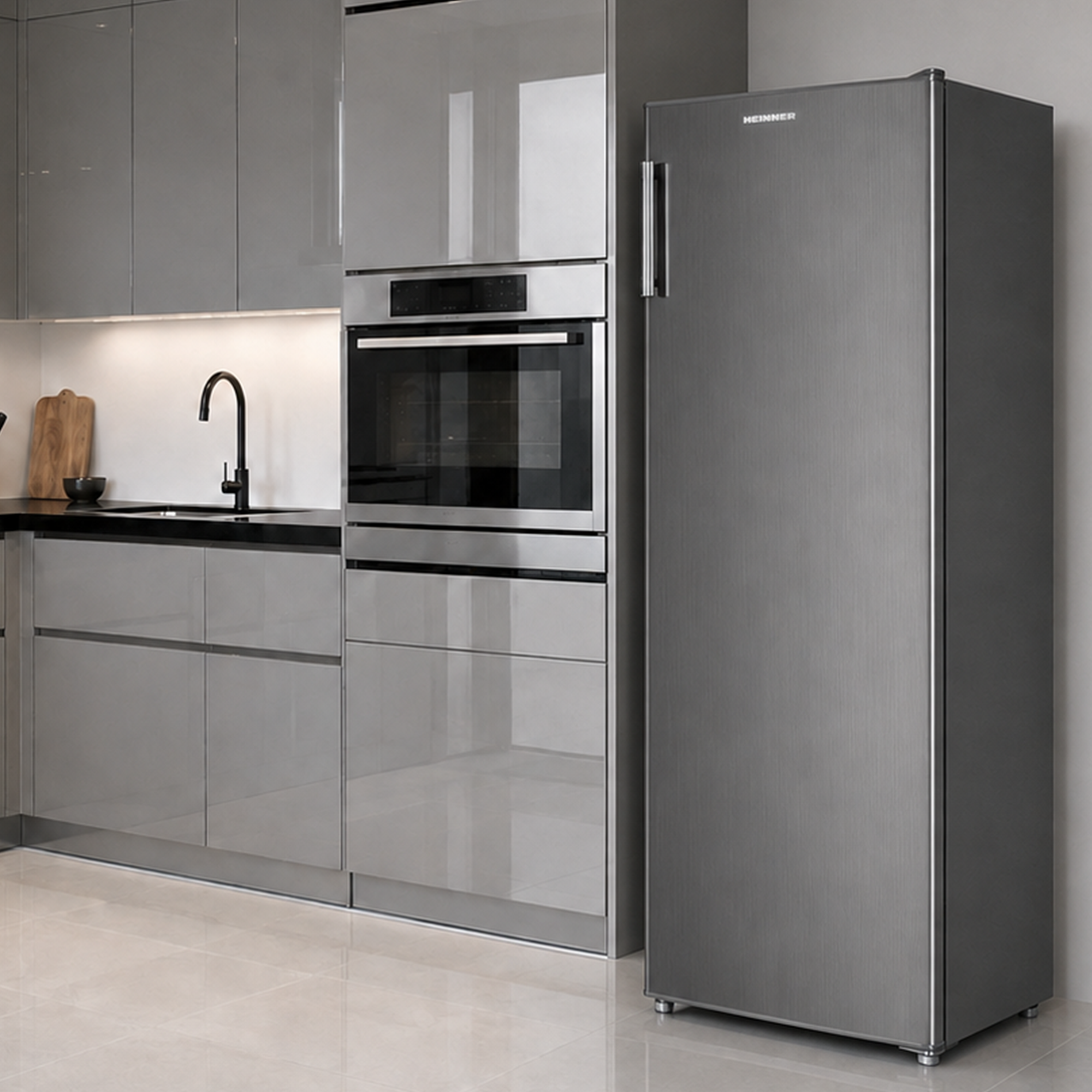 Moderne Küche mit grauen Schränken, schwarzer Arbeitsplatte, Backofen und einem großen grauen Kühlschrank.
