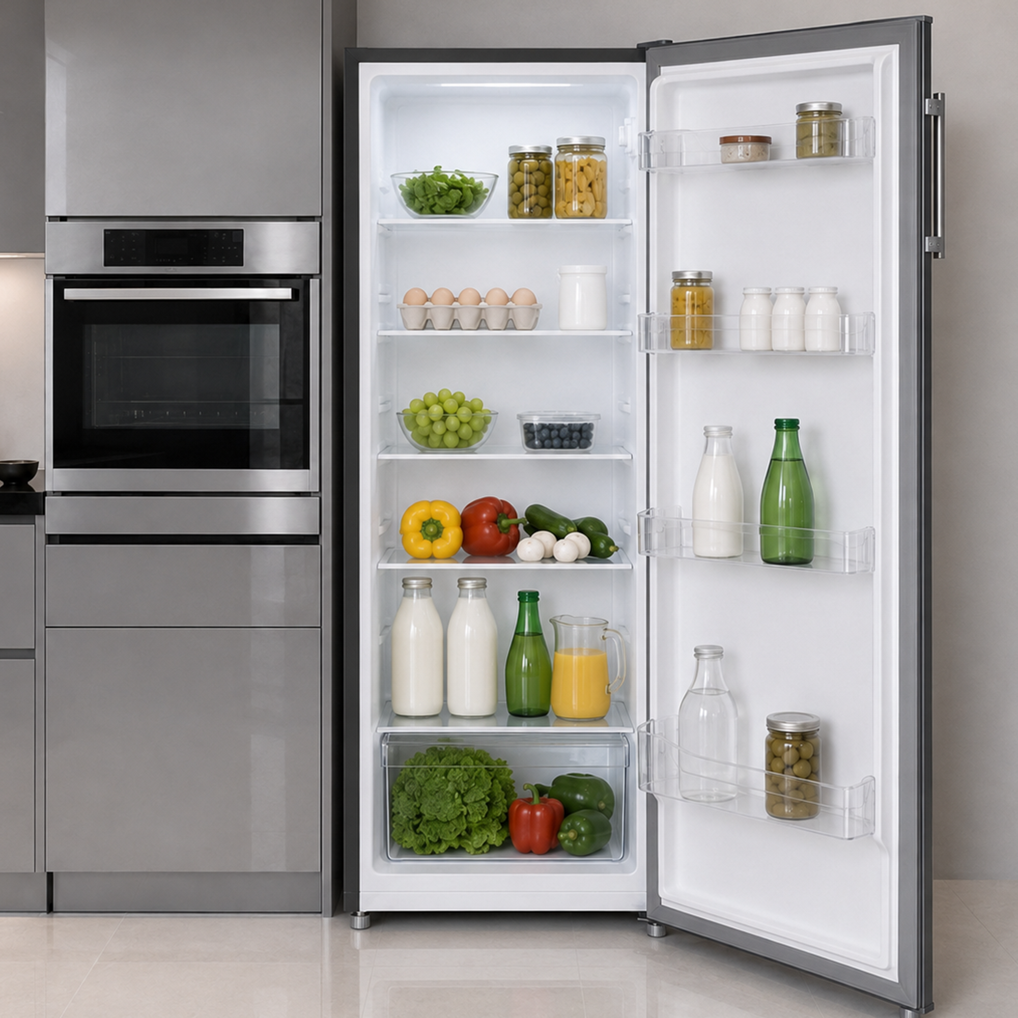 Ein offener Kühlschrank mit frischem Gemüse, Obst, Eiern und Getränken, neben einem modernen Ofen.