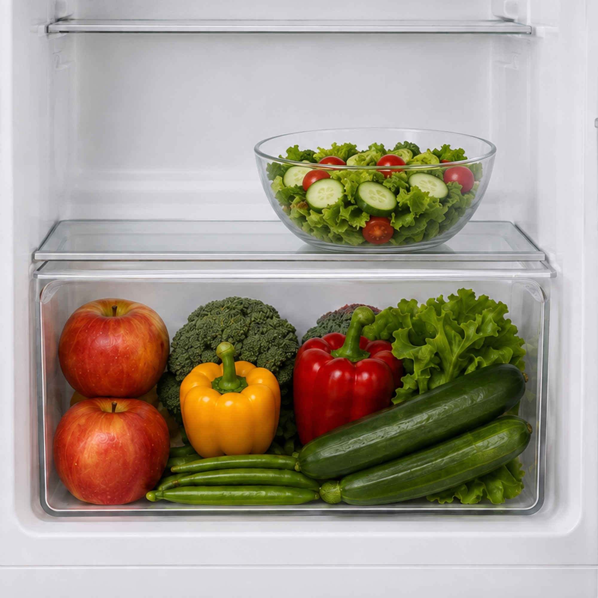 Ein offener Kühlschrank mit frischem Gemüse und Obst im Gemüsefach und einer Salat Schüssel auf dem Glasboden darüber.