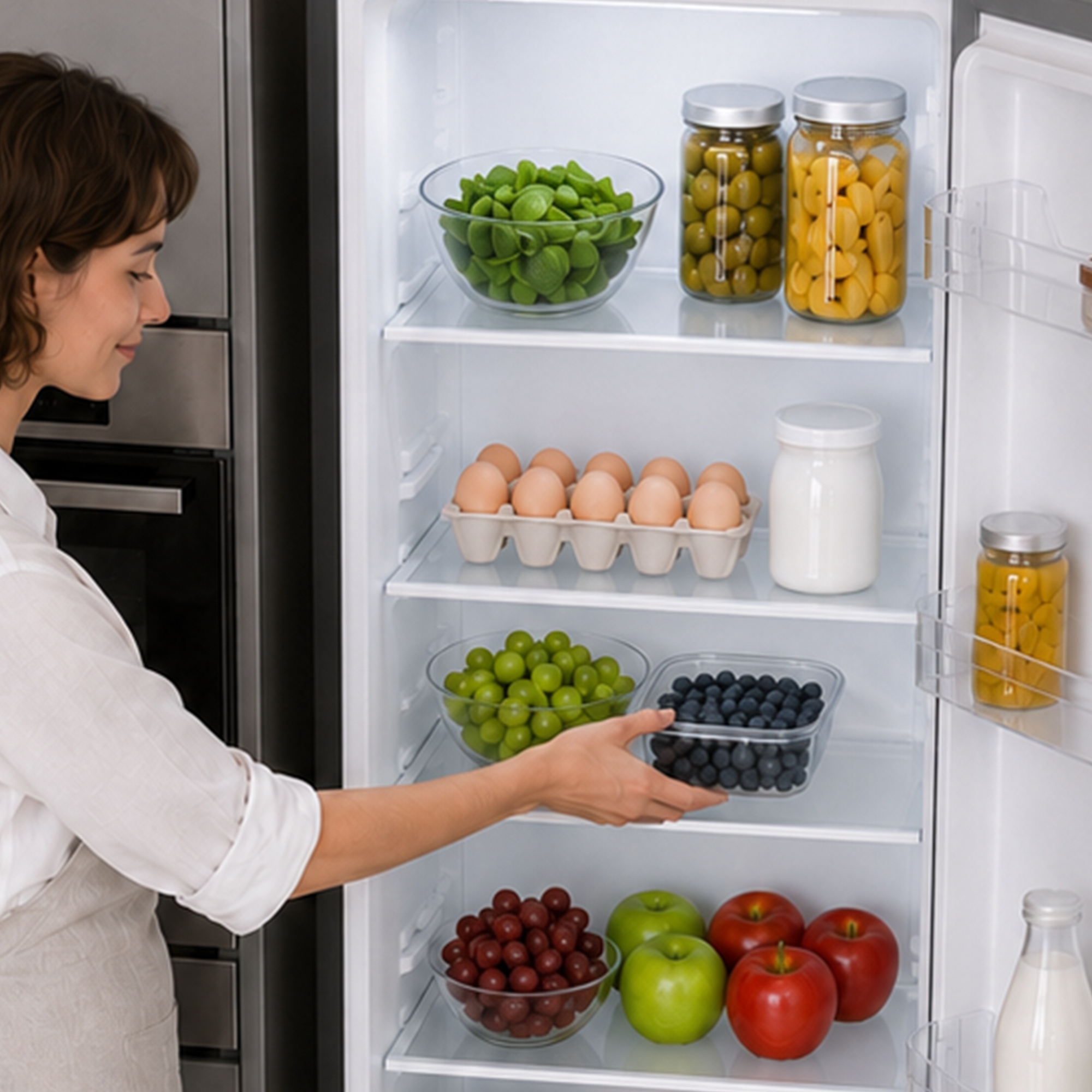 Eine Frau greift in einen offenen Kühlschrank voller frischem Obst, Gemüse, Eiern und Gläsern.