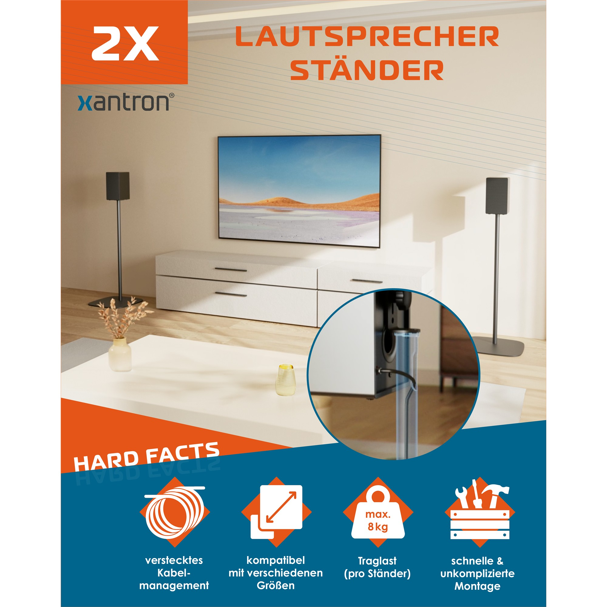Xantron Lautsprecherständer mit Kabelmanagement und 8 kg Tragkraft in einem modernen Wohnzimmer.