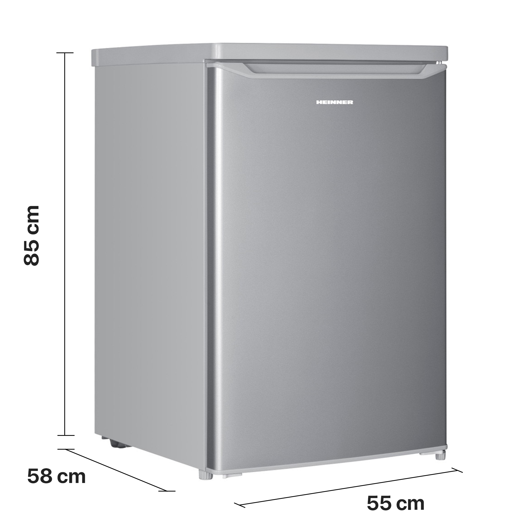 Silberner kleiner Kühlschrank mit Maßangaben von 85 cm Höhe, 55 cm Breite und 58 cm Tiefe.