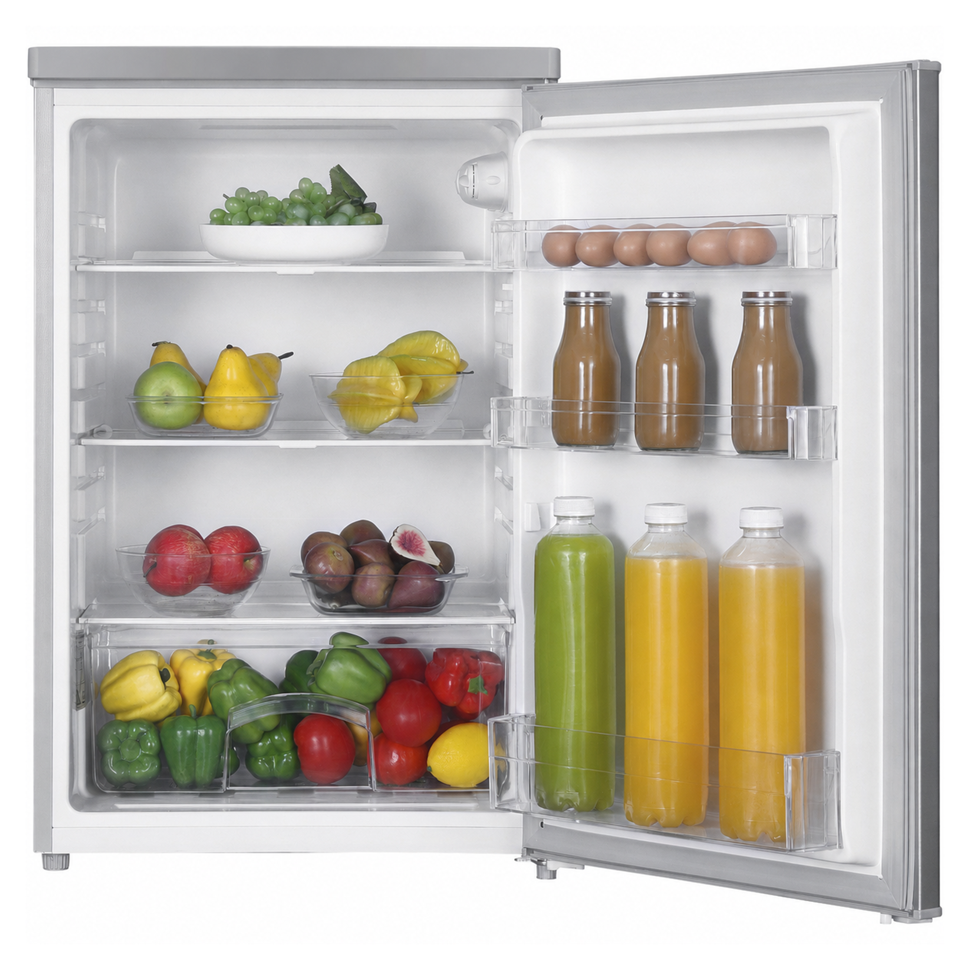 Ein offener Mini-Kühlschrank gefüllt mit Obst, Gemüse, Säften und Eiern.